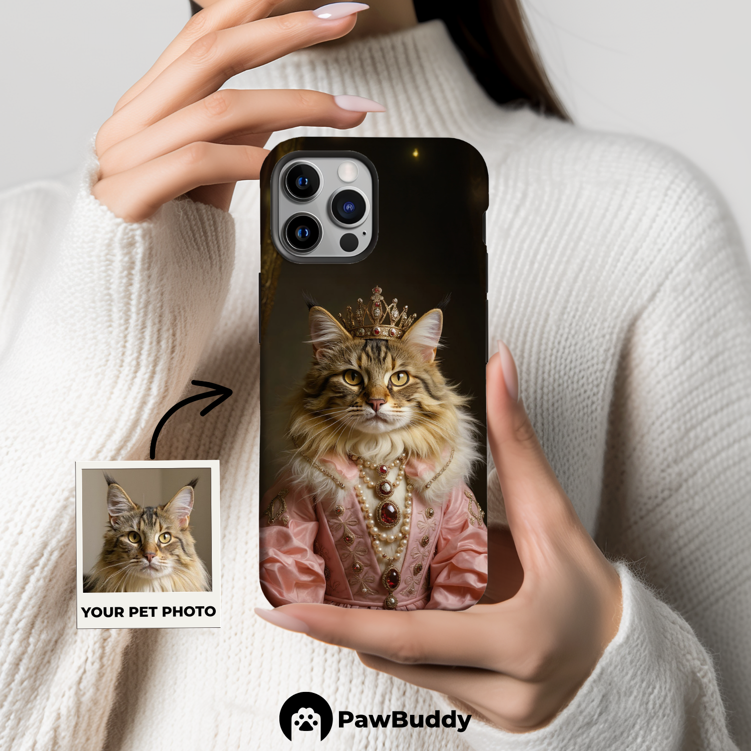 Custom Pet Phone Case for iPhone 11–17, Personalized Regal Royal Portrait Pink Gown Design with Jeweled Crown and Gem Details, Dual-Layer Shockproof PC+TPU Protective Cover with Glossy Wraparound Printing, Unique Gift for Pet Lovers