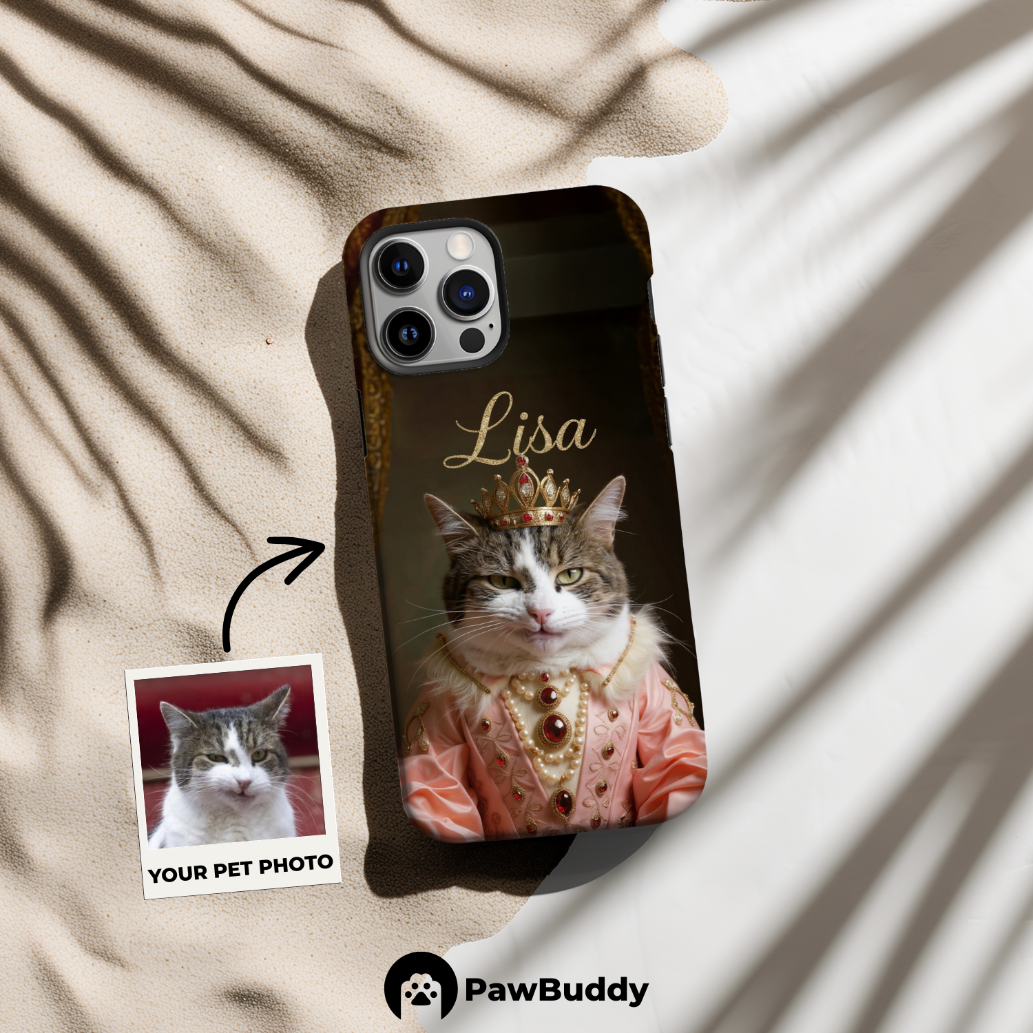 Custom Pet Phone Case for iPhone 11–17, Personalized Regal Royal Portrait Pink Gown Design with Jeweled Crown and Gem Details, Dual-Layer Shockproof PC+TPU Protective Cover with Glossy Wraparound Printing, Unique Gift for Pet Lovers