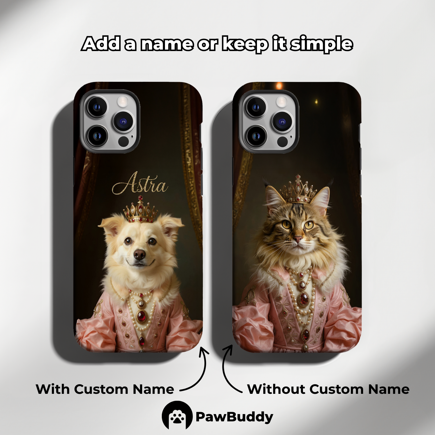 Custom Pet Phone Case for iPhone 11–17, Personalized Regal Royal Portrait Pink Gown Design with Jeweled Crown and Gem Details, Dual-Layer Shockproof PC+TPU Protective Cover with Glossy Wraparound Printing, Unique Gift for Pet Lovers