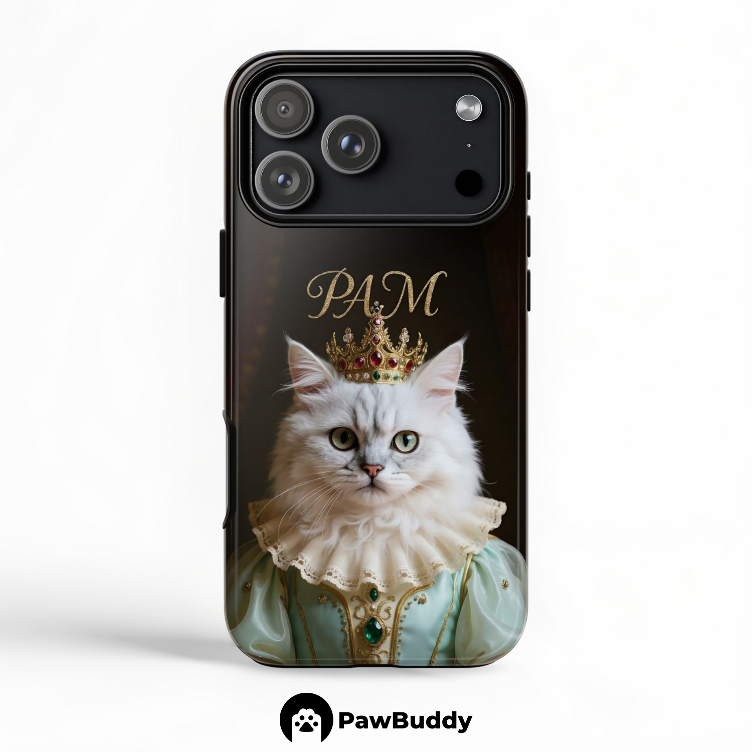 Custom Pet Phone Case for iPhone 11–17, Personalized Regal Royal Portrait Mint Gown Design with Golden Crown and Pearl Details, Dual-Layer Shockproof PC+TPU Protective Cover with Glossy Wraparound Printing, Unique Gift for Pet Lovers