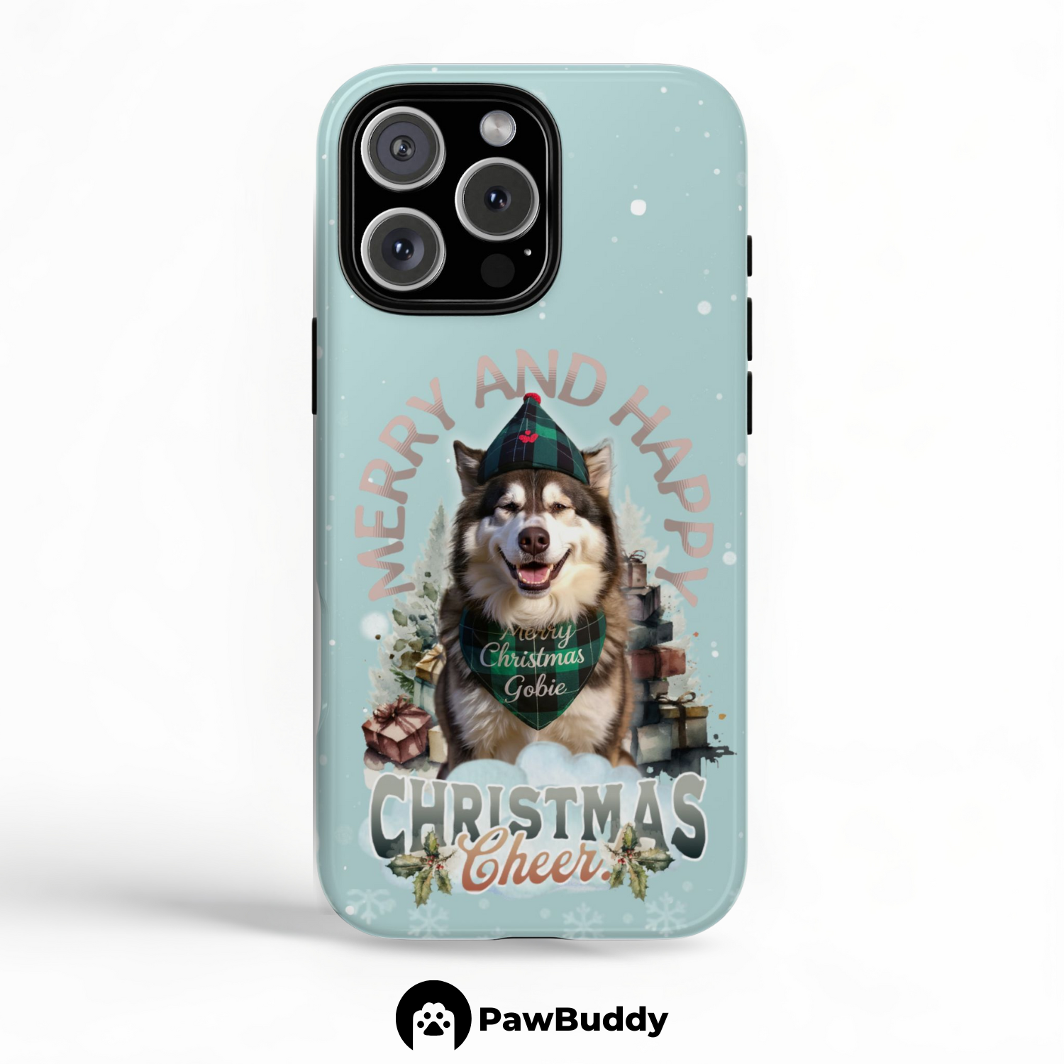 Custom Pet Phone Case for iPhone 11–17, Personalized Merry & Happy Christmas Cheer Design, Dual-Layer Shockproof PC+TPU Protective Cover with Glossy Wraparound Printing, Unique Gift for Pet Lovers