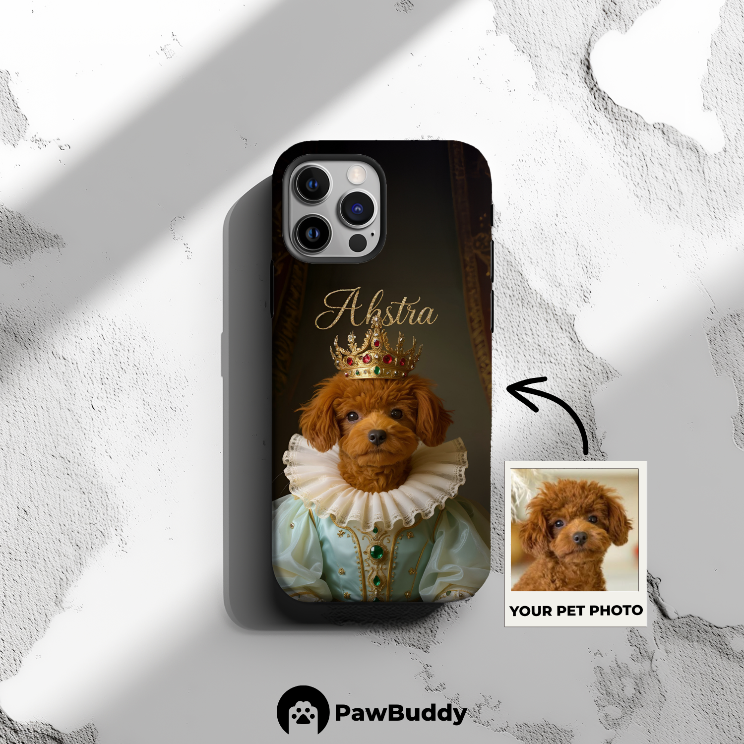 Custom Pet Phone Case for iPhone 11–17, Personalized Regal Royal Portrait Mint Gown Design with Golden Crown and Pearl Details, Dual-Layer Shockproof PC+TPU Protective Cover with Glossy Wraparound Printing, Unique Gift for Pet Lovers