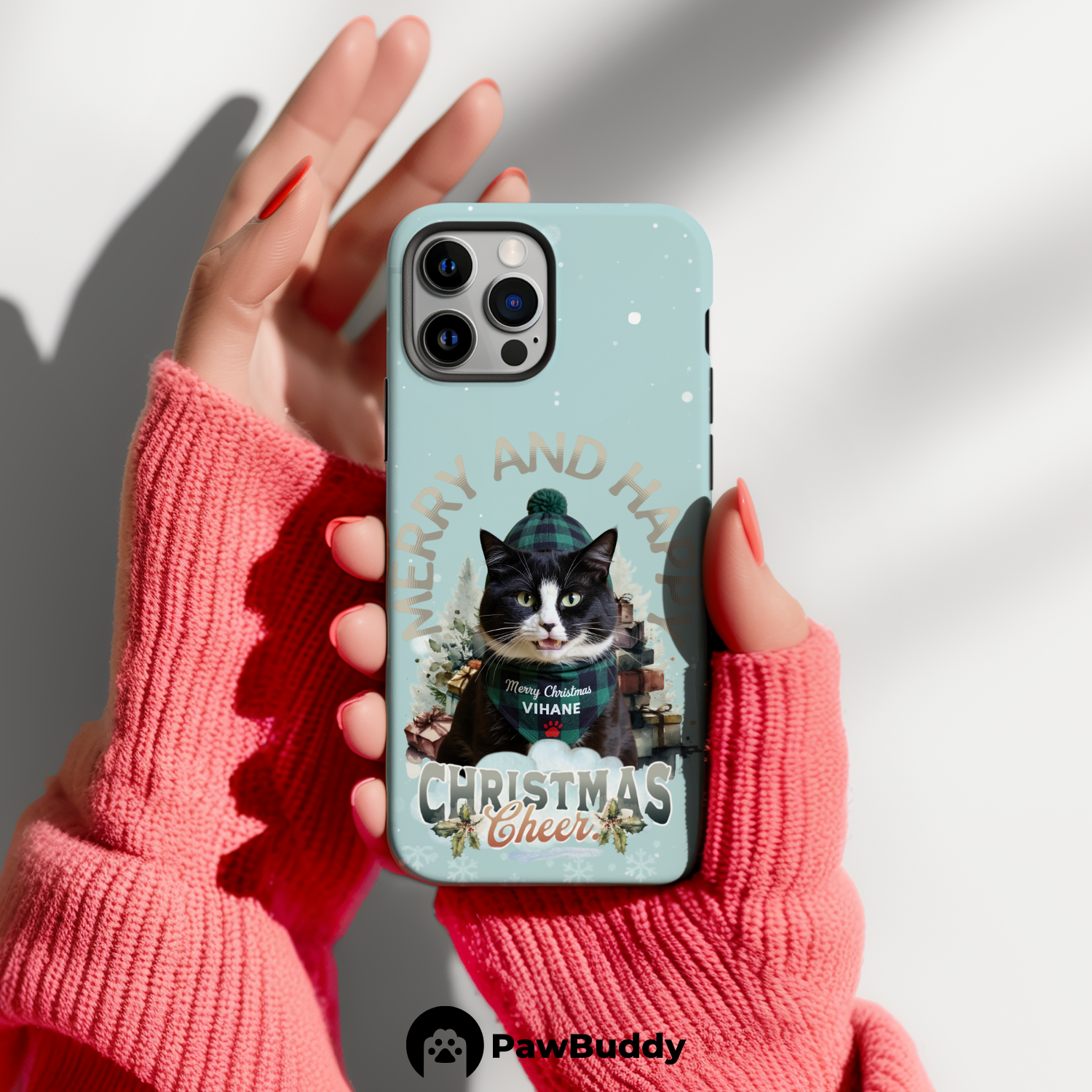 Custom Pet Phone Case for iPhone 11–17, Personalized Merry & Happy Christmas Cheer Design, Dual-Layer Shockproof PC+TPU Protective Cover with Glossy Wraparound Printing, Unique Gift for Pet Lovers