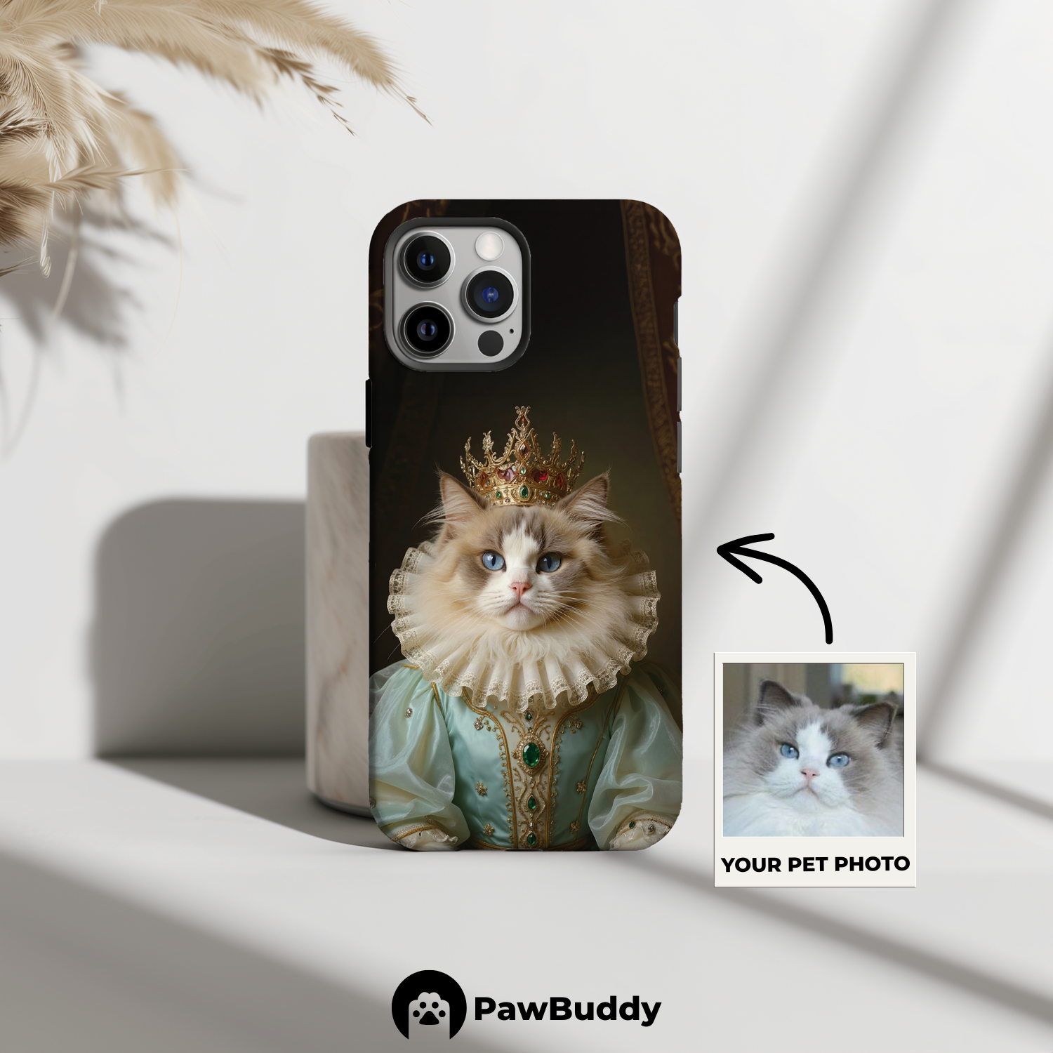 Custom Pet Phone Case for iPhone 11–17, Personalized Regal Royal Portrait Mint Gown Design with Golden Crown and Pearl Details, Dual-Layer Shockproof PC+TPU Protective Cover with Glossy Wraparound Printing, Unique Gift for Pet Lovers
