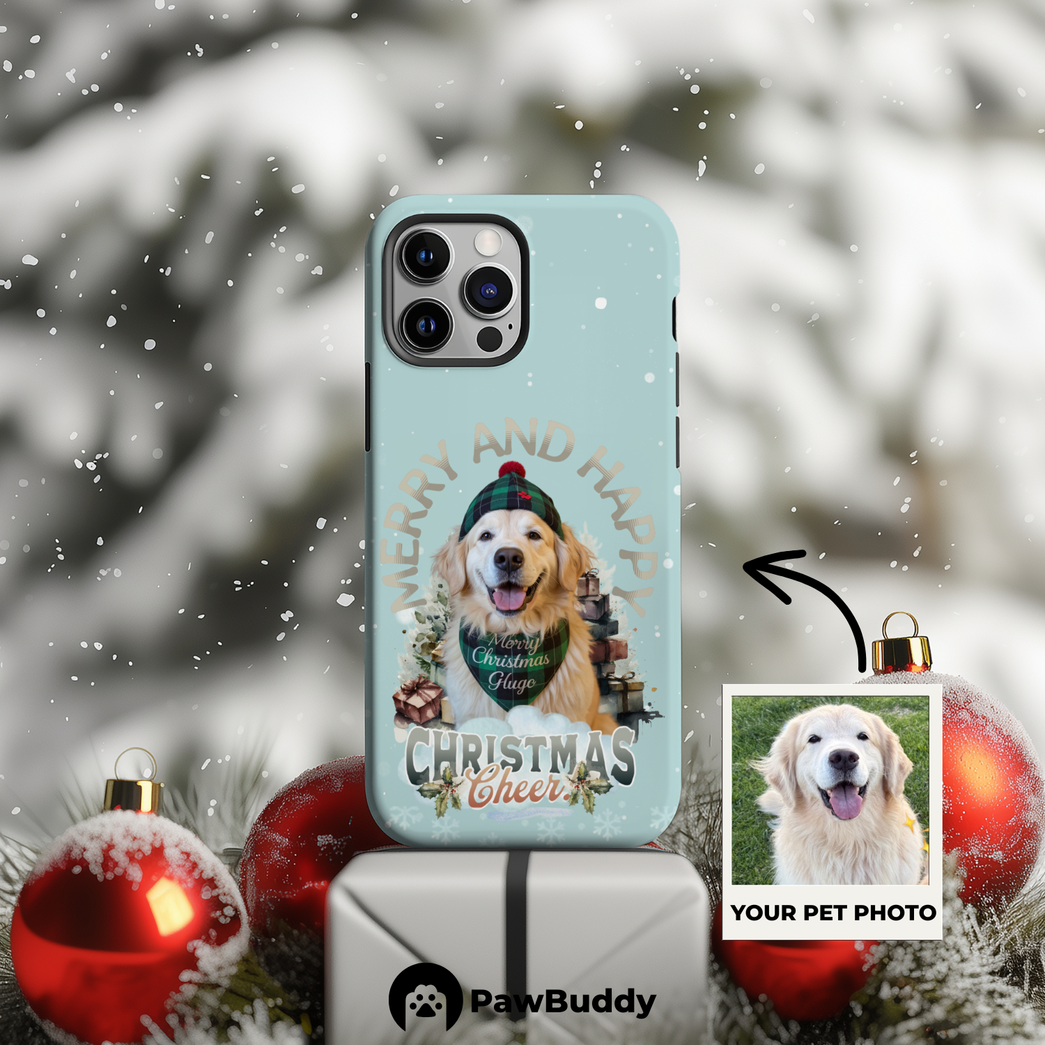 Custom Pet Phone Case for iPhone 11–17, Personalized Merry & Happy Christmas Cheer Design, Dual-Layer Shockproof PC+TPU Protective Cover with Glossy Wraparound Printing, Unique Gift for Pet Lovers
