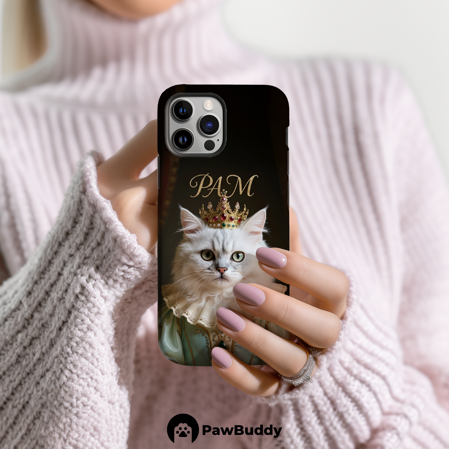 Custom Pet Phone Case for iPhone 11–17, Personalized Regal Royal Portrait Mint Gown Design with Golden Crown and Pearl Details, Dual-Layer Shockproof PC+TPU Protective Cover with Glossy Wraparound Printing, Unique Gift for Pet Lovers