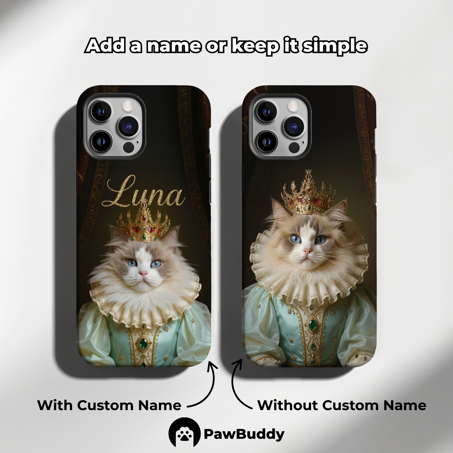 Custom Pet Phone Case for iPhone 11–17, Personalized Regal Royal Portrait Mint Gown Design with Golden Crown and Pearl Details, Dual-Layer Shockproof PC+TPU Protective Cover with Glossy Wraparound Printing, Unique Gift for Pet Lovers