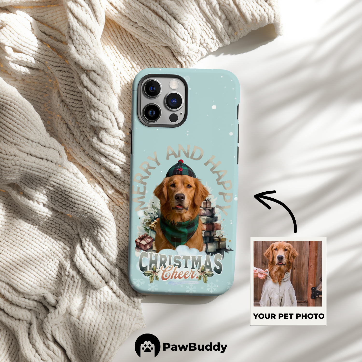 Custom Pet Phone Case for iPhone 11–17, Personalized Merry & Happy Christmas Cheer Design, Dual-Layer Shockproof PC+TPU Protective Cover with Glossy Wraparound Printing, Unique Gift for Pet Lovers