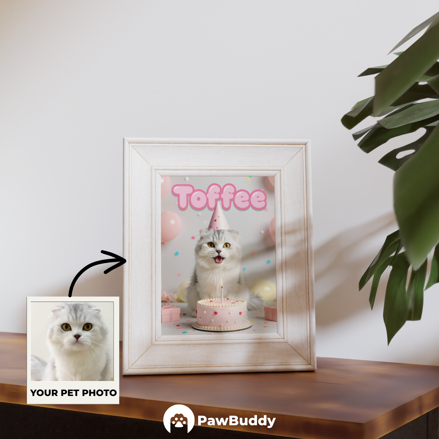 Custom Pet Poster Birthday Celebration Portrait with Pink Background – Personalized High-Resolution Matte Print for Wall Art, Home Decor, or Unique Gifts for Pet Lovers (Frame Not Included)