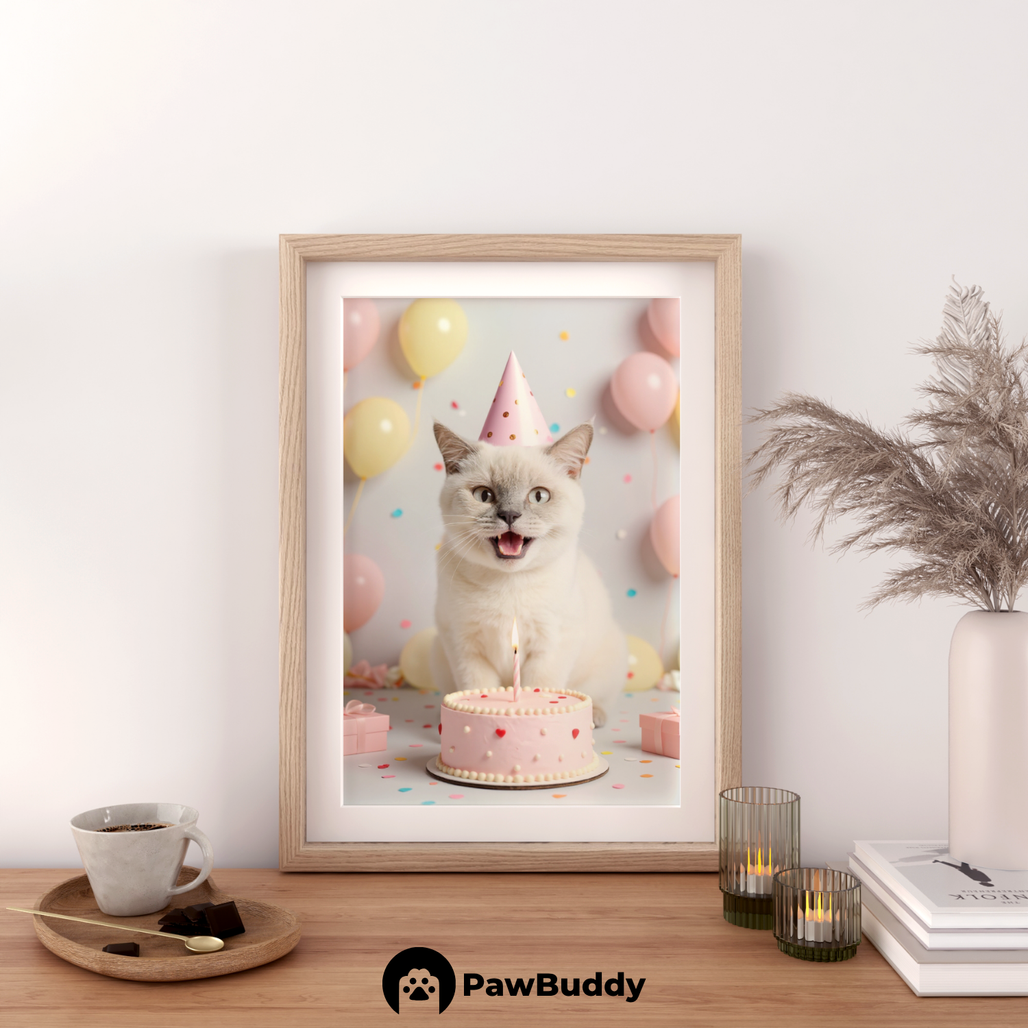 Custom Pet Poster Birthday Celebration Portrait with Pink Background – Personalized High-Resolution Matte Print for Wall Art, Home Decor, or Unique Gifts for Pet Lovers (Frame Not Included)
