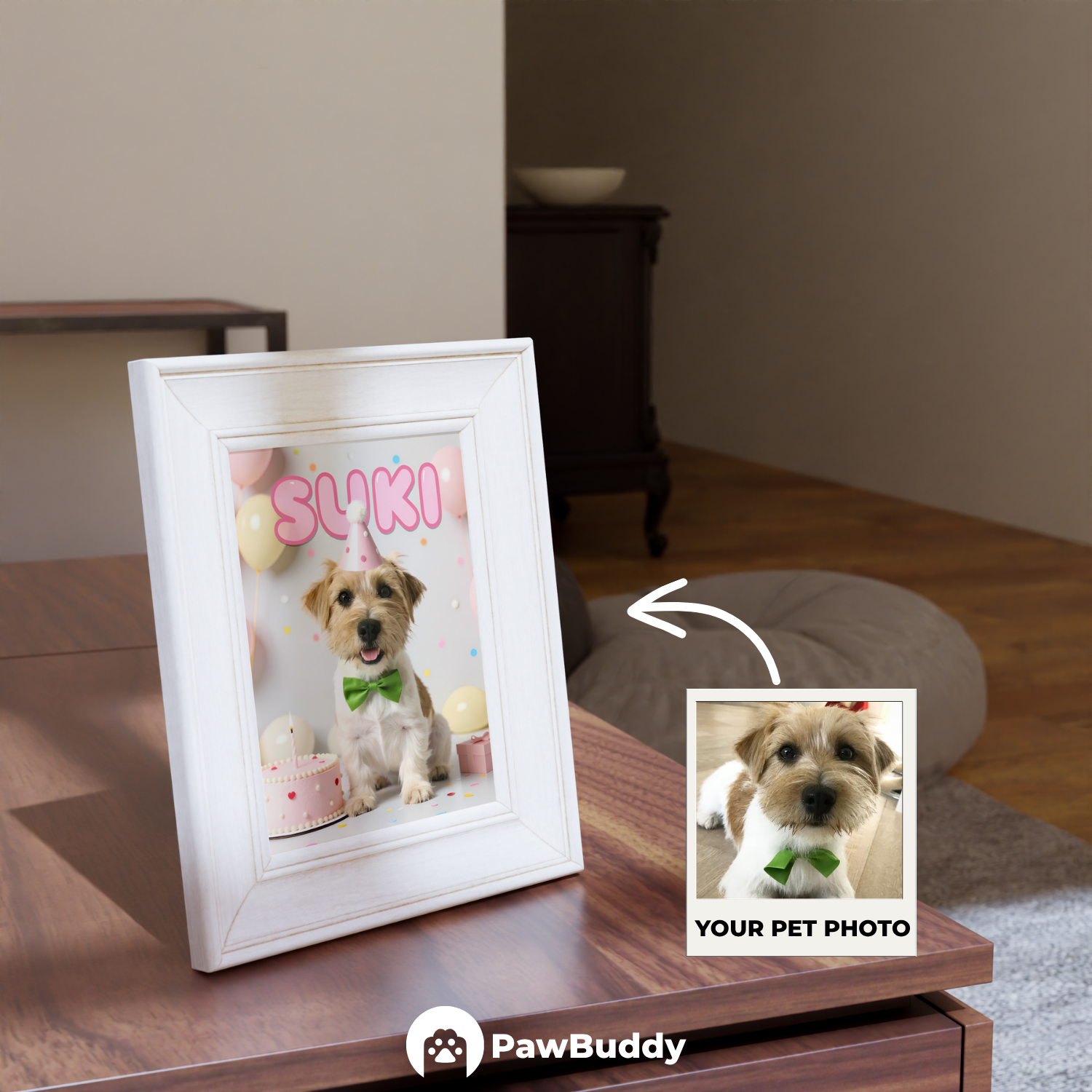 Custom Pet Poster Birthday Celebration Portrait with Pink Background – Personalized High-Resolution Matte Print for Wall Art, Home Decor, or Unique Gifts for Pet Lovers (Frame Not Included)