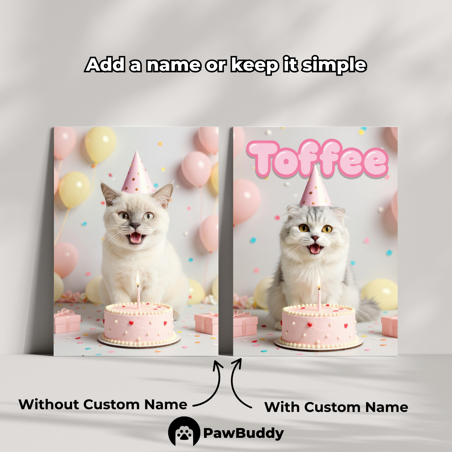 Custom Pet Poster Birthday Celebration Portrait with Pink Background – Personalized High-Resolution Matte Print for Wall Art, Home Decor, or Unique Gifts for Pet Lovers (Frame Not Included)