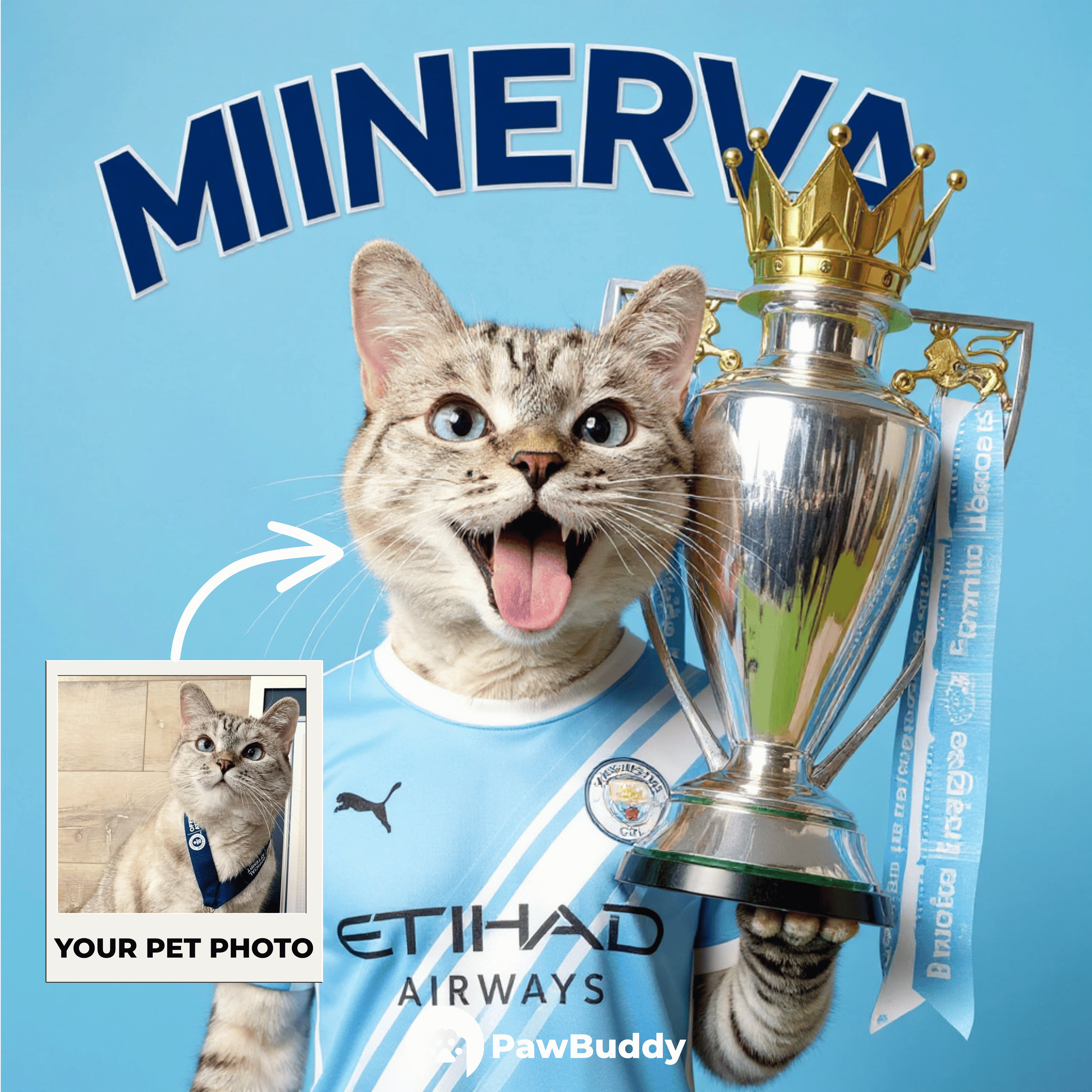 Custom Pet Portrait Sky Blue Champion Digital Artwork – Personalized High-Resolution Artwork for Pet Lovers, Perfect for Online Sharing or as a Premier Football-Inspired Keepsake