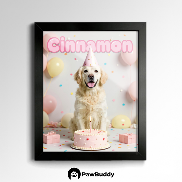 Custom Pet Poster Birthday Celebration Portrait with Pink Background – Personalized High-Resolution Matte Print for Wall Art, Home Decor, or Unique Gifts for Pet Lovers
