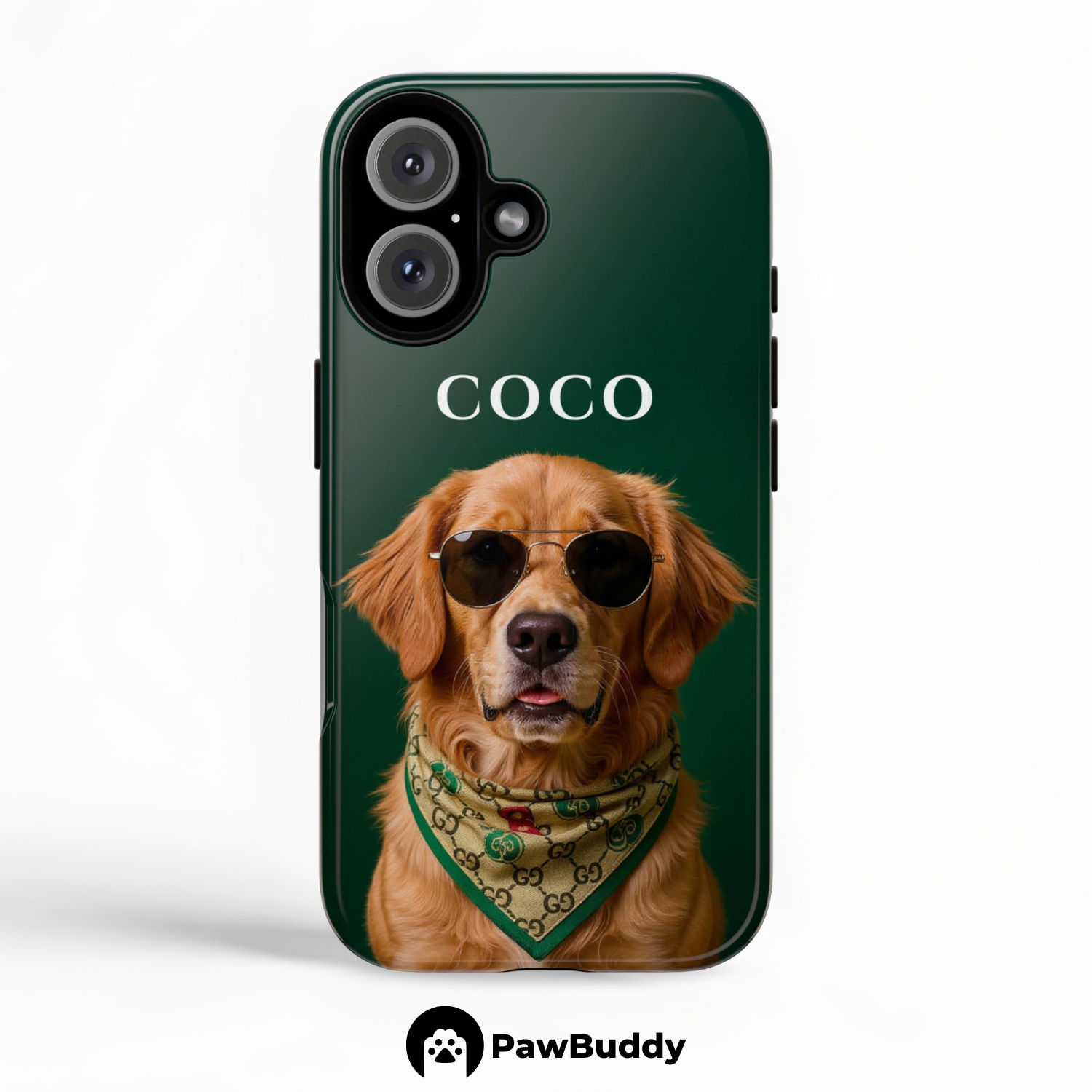 Custom Pet Phone Case for iPhone 11–17, Personalized Classic Green Bandana Studio Portrait Design, Dual-Layer Shockproof PC+TPU Protective Cover with Glossy Wraparound Printing, Unique Gift for Pet Lovers