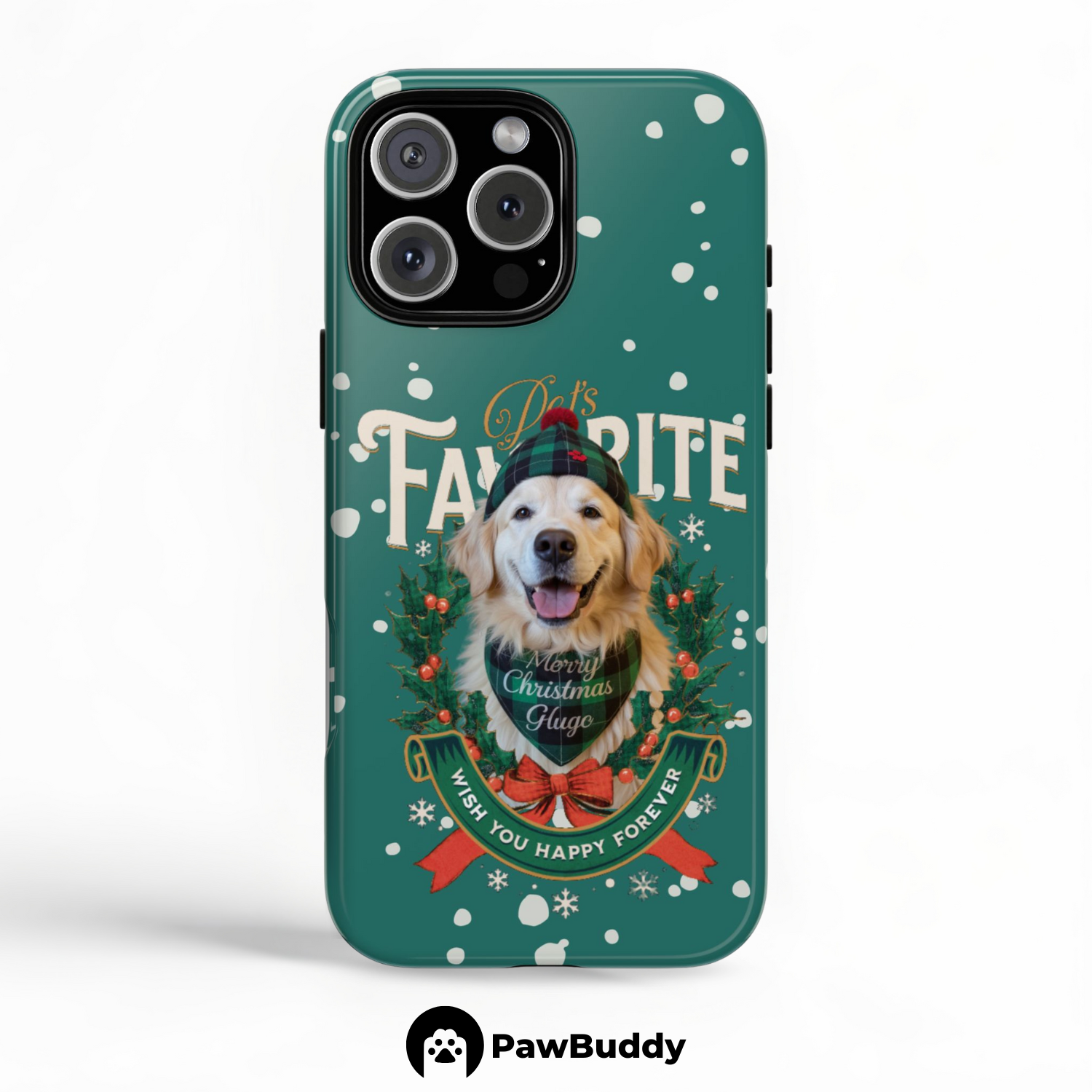 Custom Pet Phone Case for iPhone 11–17, Personalized Pet’s Favorite Christmas Green Wreath Design, Dual-Layer Shockproof PC+TPU Protective Cover with Glossy Wraparound Printing, Unique Gift for Pet Lovers