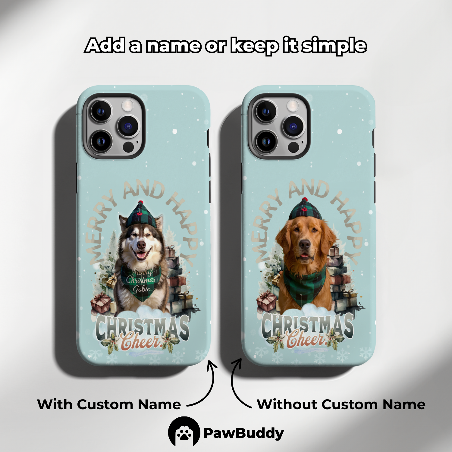 Custom Pet Phone Case for iPhone 11–17, Personalized Merry & Happy Christmas Cheer Design, Dual-Layer Shockproof PC+TPU Protective Cover with Glossy Wraparound Printing, Unique Gift for Pet Lovers