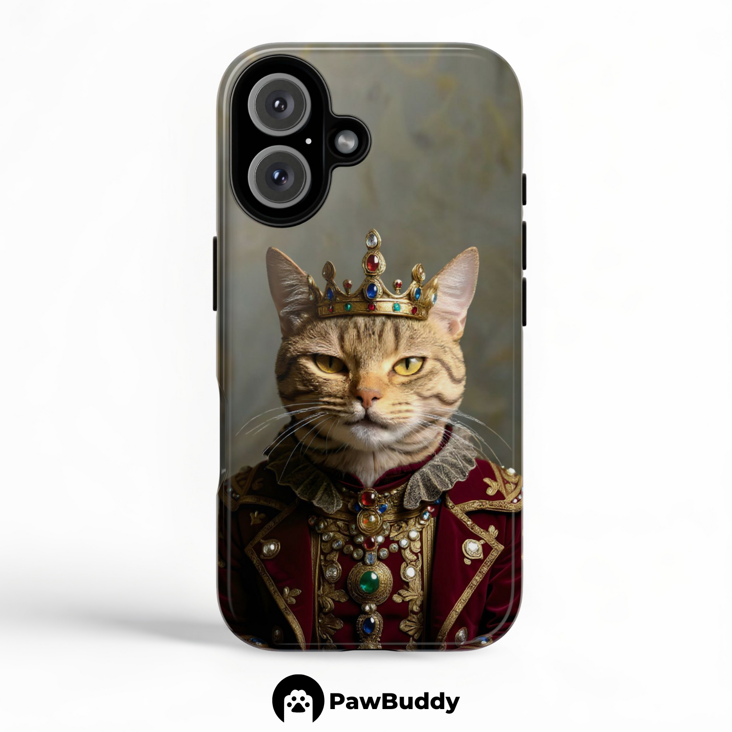 Custom Pet Phone Case for iPhone 11–17, Personalized Regal Royal Portrait Crimson Robe Design with Jeweled Crown and Gold Embroidery, Dual-Layer Shockproof PC+TPU Protective Cover with Glossy Wraparound Printing, Unique Gift for Pet Lovers