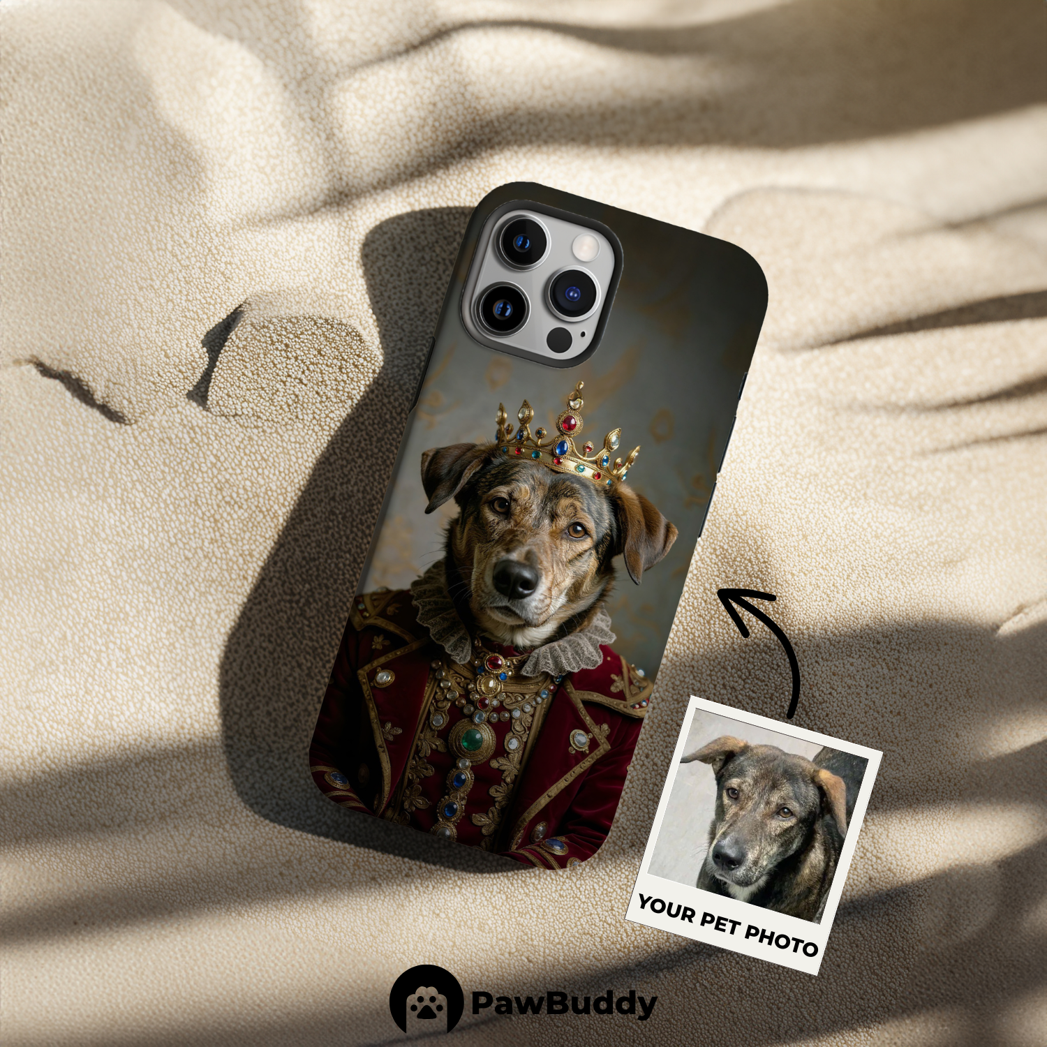 Custom Pet Phone Case for iPhone 11–17, Personalized Regal Royal Portrait Crimson Robe Design with Jeweled Crown and Gold Embroidery, Dual-Layer Shockproof PC+TPU Protective Cover with Glossy Wraparound Printing, Unique Gift for Pet Lovers