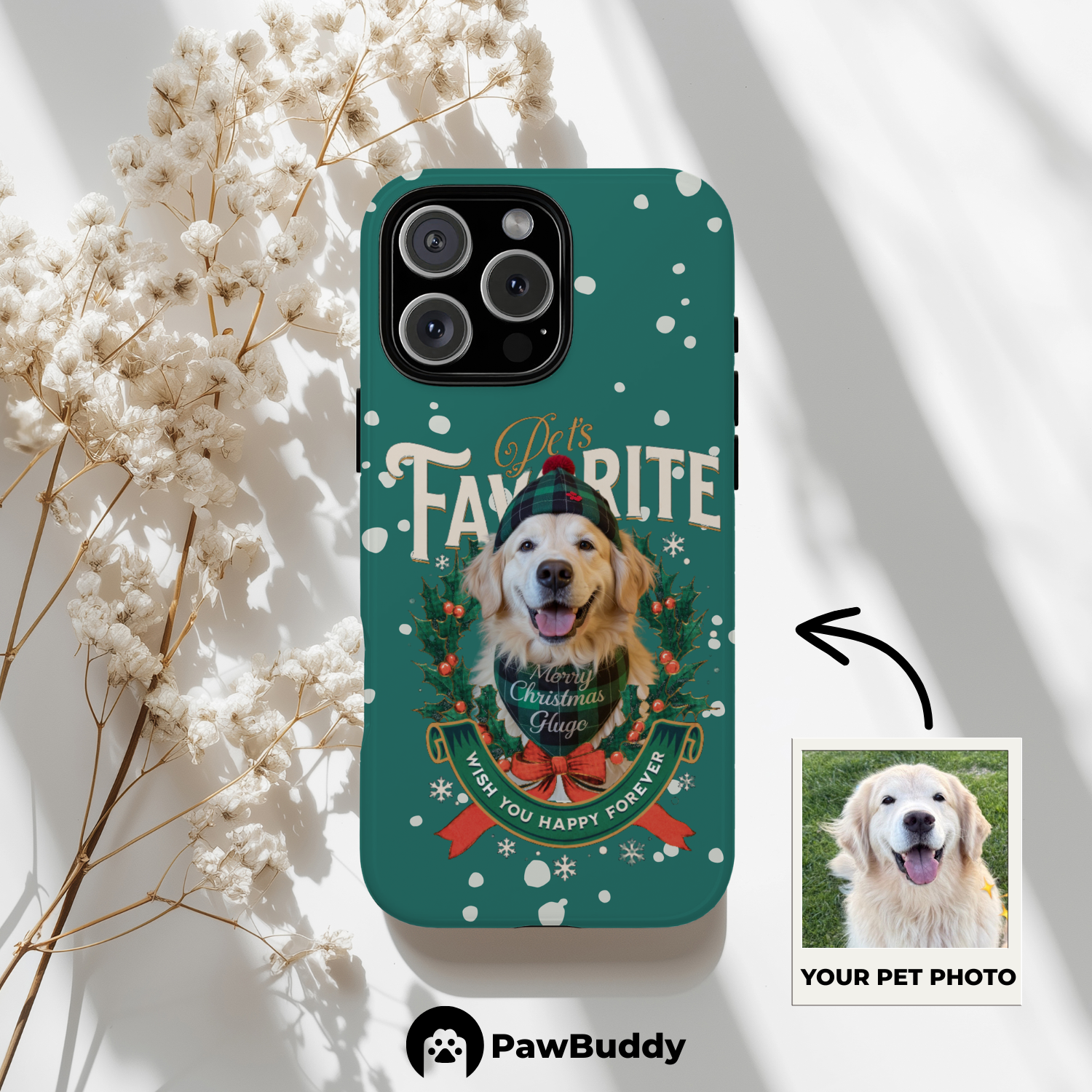 Custom Pet Phone Case for iPhone 11–17, Personalized Pet’s Favorite Christmas Green Wreath Design, Dual-Layer Shockproof PC+TPU Protective Cover with Glossy Wraparound Printing, Unique Gift for Pet Lovers