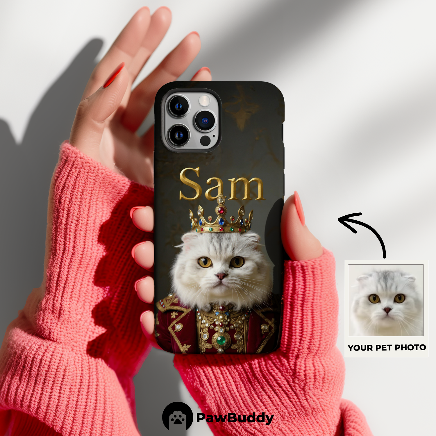 Custom Pet Phone Case for iPhone 11–17, Personalized Regal Royal Portrait Crimson Robe Design with Jeweled Crown and Gold Embroidery, Dual-Layer Shockproof PC+TPU Protective Cover with Glossy Wraparound Printing, Unique Gift for Pet Lovers