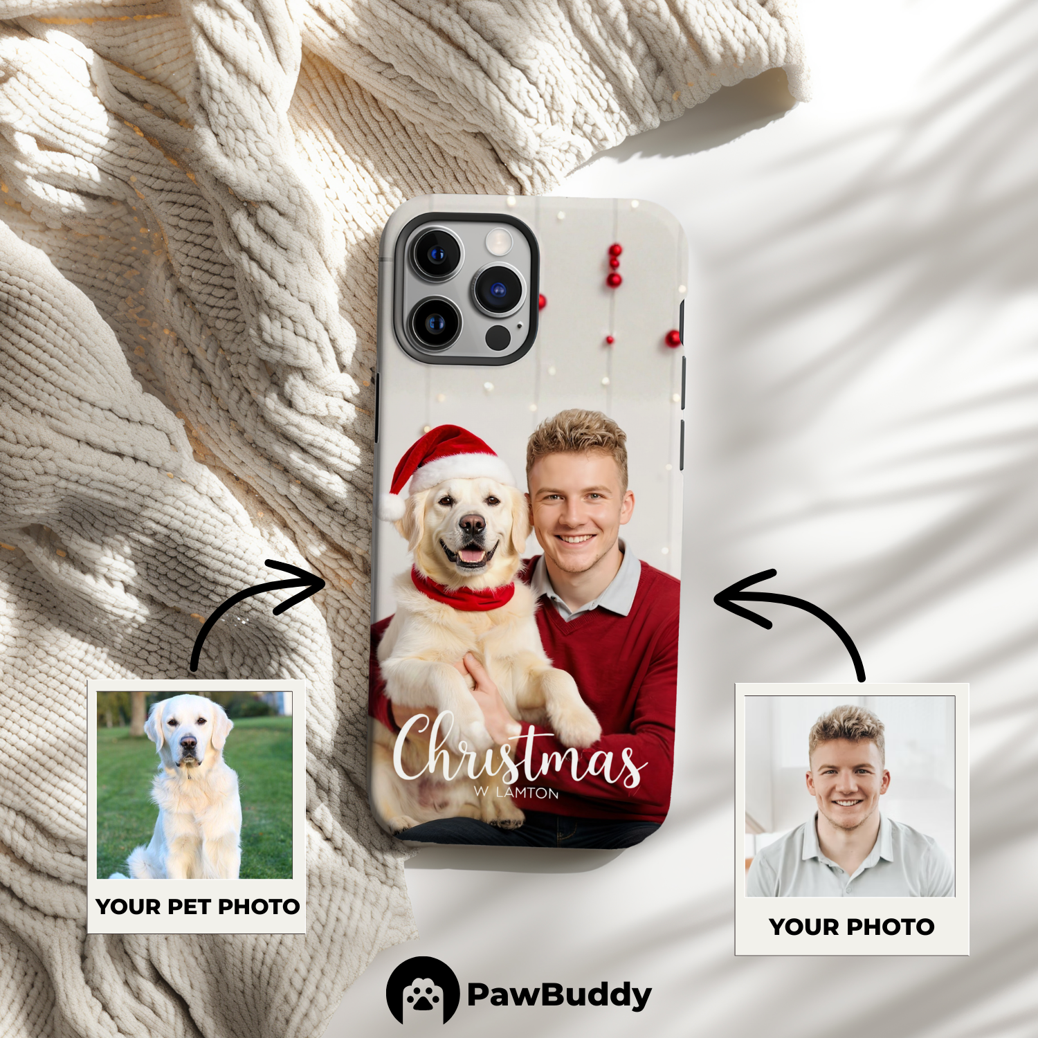 Custom Human & Pet Phone Case for iPhone 11–17, Personalized Cozy Christmas Lights Red Sweater Design, Dual-Layer Shockproof PC+TPU Protective Cover with Glossy Wraparound Printing, Unique Holiday Gift for Pet Lovers