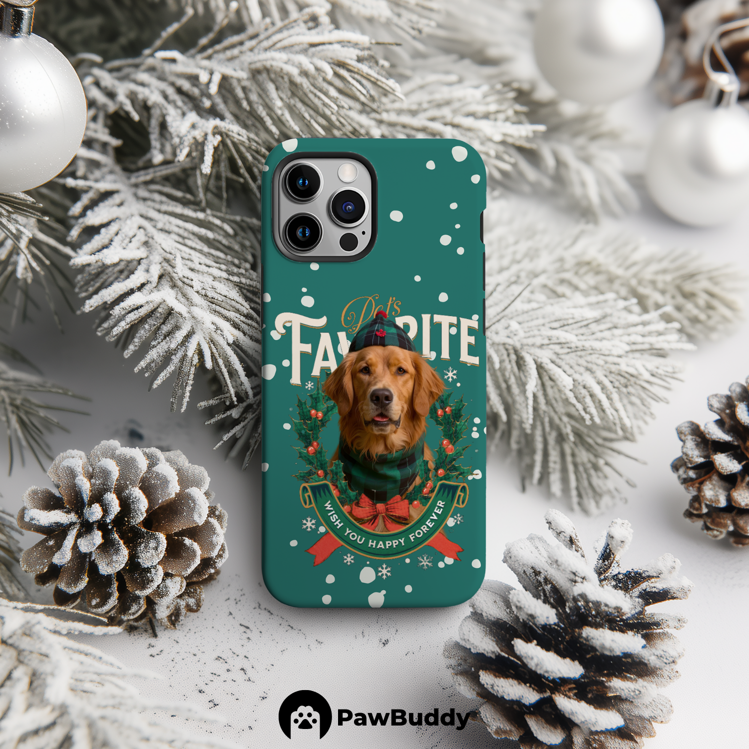 Custom Pet Phone Case for iPhone 11–17, Personalized Pet’s Favorite Christmas Green Wreath Design, Dual-Layer Shockproof PC+TPU Protective Cover with Glossy Wraparound Printing, Unique Gift for Pet Lovers