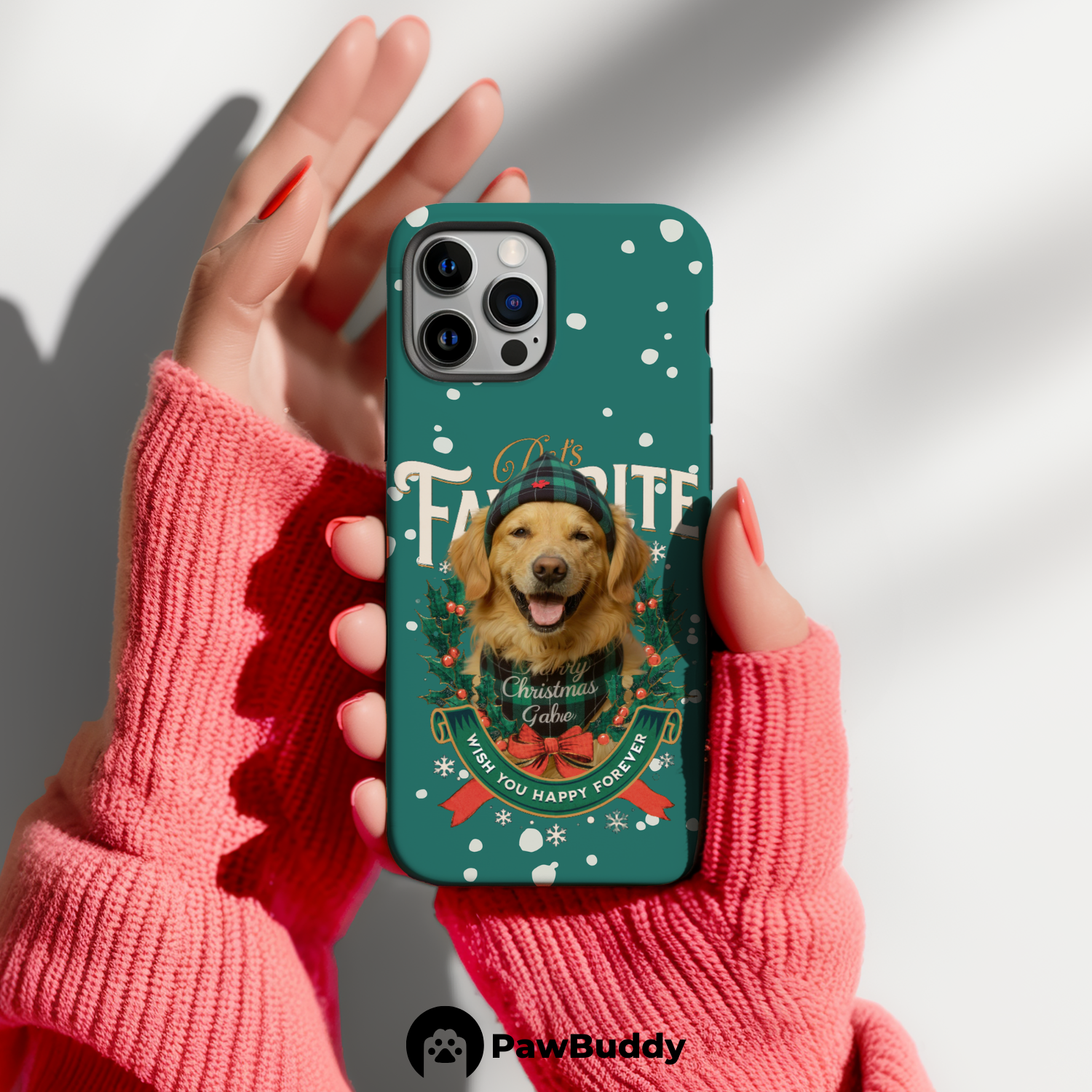 Custom Pet Phone Case for iPhone 11–17, Personalized Pet’s Favorite Christmas Green Wreath Design, Dual-Layer Shockproof PC+TPU Protective Cover with Glossy Wraparound Printing, Unique Gift for Pet Lovers