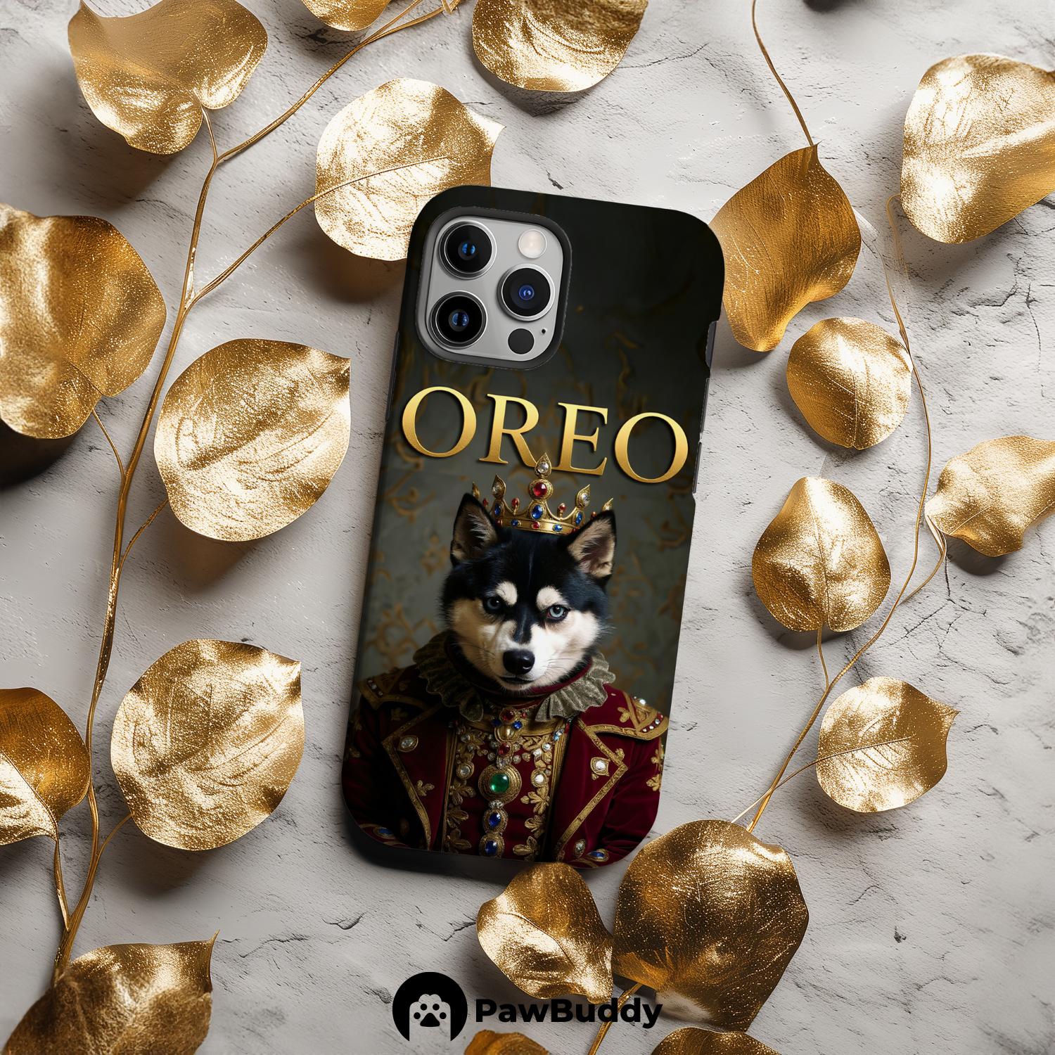 Custom Pet Phone Case for iPhone 11–17, Personalized Regal Royal Portrait Crimson Robe Design with Jeweled Crown and Gold Embroidery, Dual-Layer Shockproof PC+TPU Protective Cover with Glossy Wraparound Printing, Unique Gift for Pet Lovers