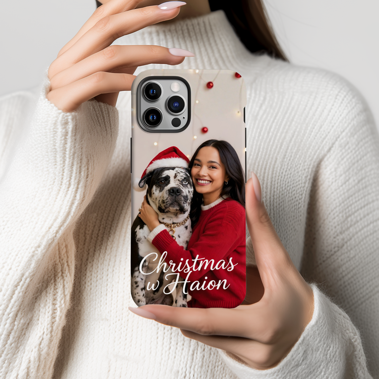 Custom Human & Pet Phone Case for iPhone 11–17, Personalized Cozy Christmas Lights Red Sweater Design, Dual-Layer Shockproof PC+TPU Protective Cover with Glossy Wraparound Printing, Unique Holiday Gift for Pet Lovers