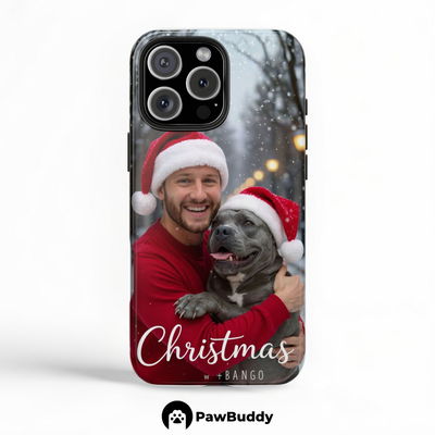 Custom Human & Pet Phone Case for iPhone 11–17, Personalized Christmas Snowy Forest Santa Hat Design, Dual-Layer Shockproof PC+TPU Protective Cover with Glossy Wraparound Printing, Unique Holiday Gift for Pet Lovers