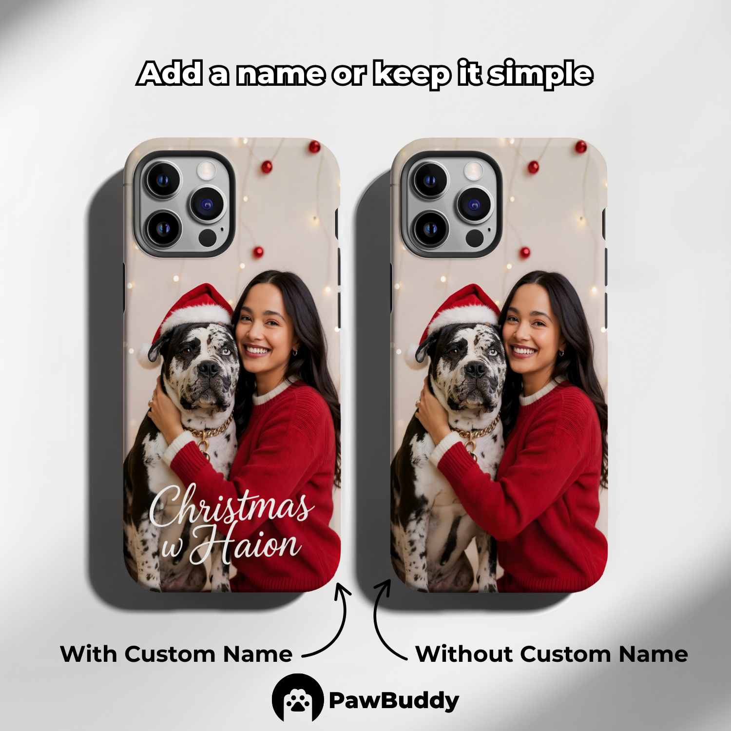 Custom Human & Pet Phone Case for iPhone 11–17, Personalized Cozy Christmas Lights Red Sweater Design, Dual-Layer Shockproof PC+TPU Protective Cover with Glossy Wraparound Printing, Unique Holiday Gift for Pet Lovers