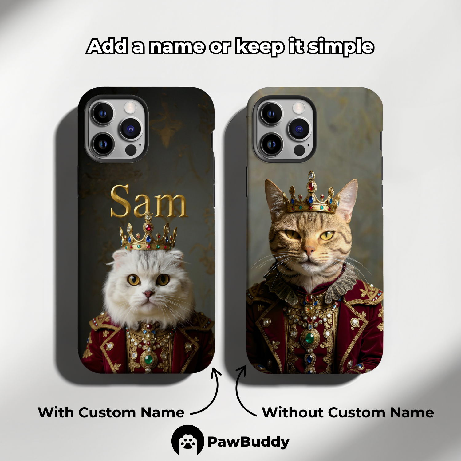 Custom Pet Phone Case for iPhone 11–17, Personalized Regal Royal Portrait Crimson Robe Design with Jeweled Crown and Gold Embroidery, Dual-Layer Shockproof PC+TPU Protective Cover with Glossy Wraparound Printing, Unique Gift for Pet Lovers