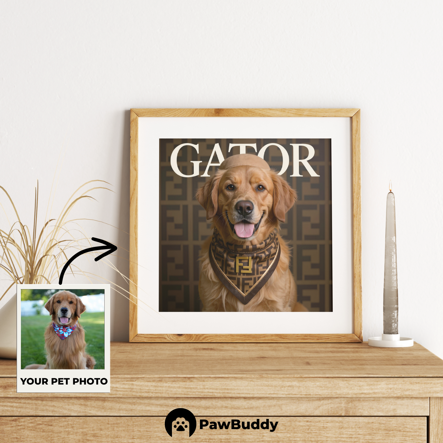 Custom Pet Poster Golden Regal Essence Portrait – Personalized High-Resolution Matte Print for Wall Art, Home Decor, or Unique Luxury-Inspired Gifts for Pet Lovers (Frame Not Included)