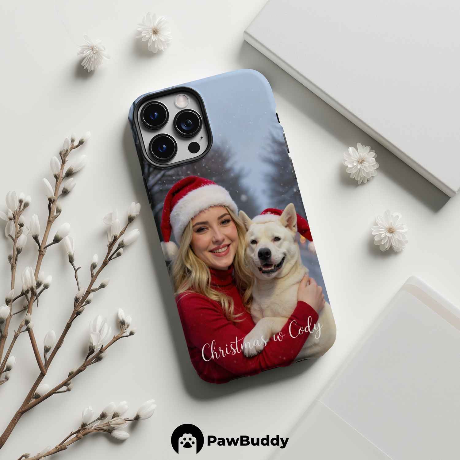 Custom Human & Pet Phone Case for iPhone 11–17, Personalized Christmas Snowy Forest Santa Hat Design, Dual-Layer Shockproof PC+TPU Protective Cover with Glossy Wraparound Printing, Unique Holiday Gift for Pet Lovers