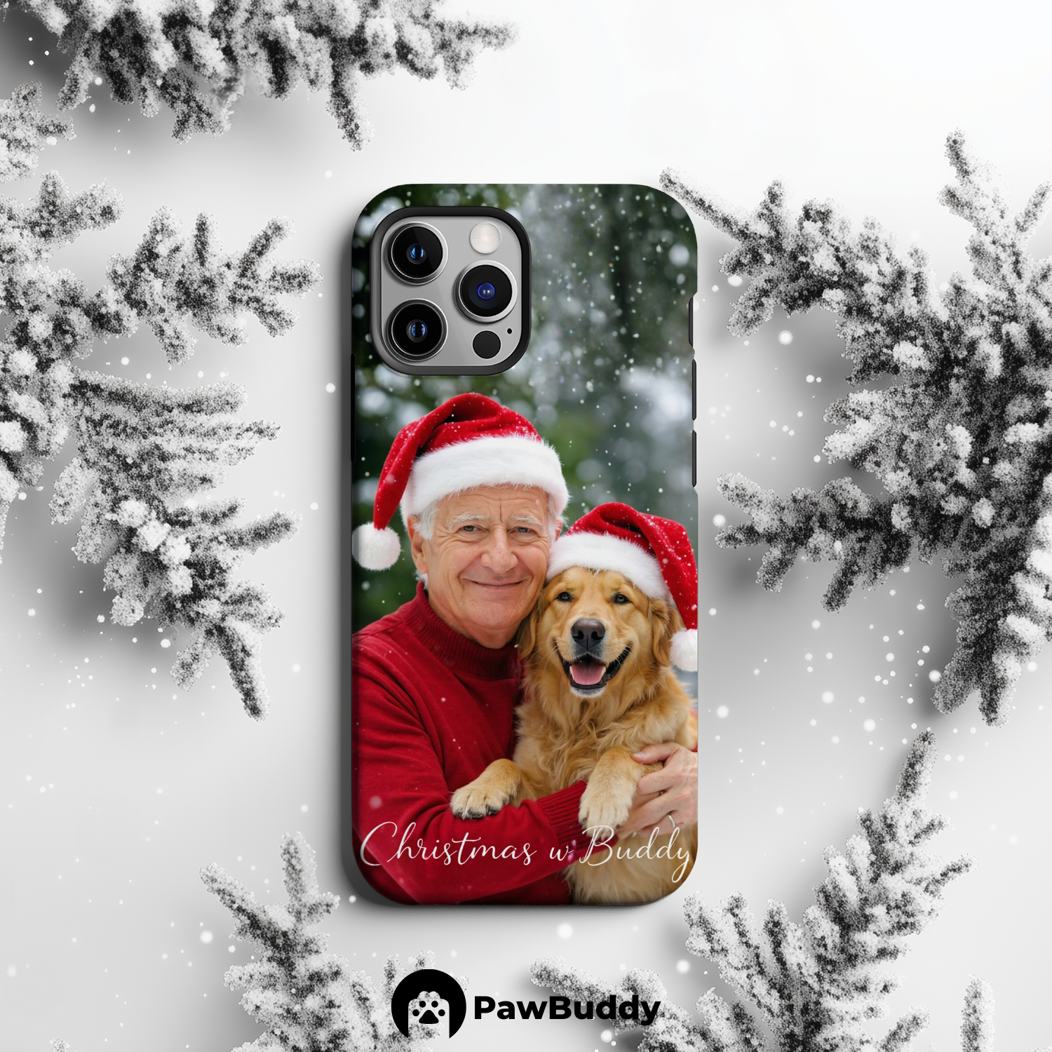 Custom Human & Pet Phone Case for iPhone 11–17, Personalized Christmas Snowy Forest Santa Hat Design, Dual-Layer Shockproof PC+TPU Protective Cover with Glossy Wraparound Printing, Unique Holiday Gift for Pet Lovers