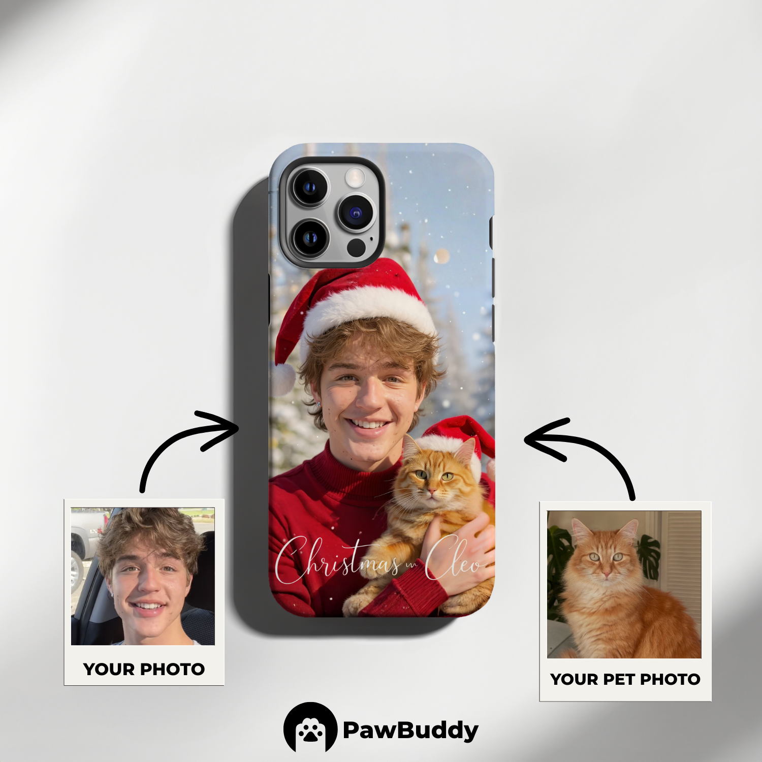 Custom Human & Pet Phone Case for iPhone 11–17, Personalized Christmas Snowy Forest Santa Hat Design, Dual-Layer Shockproof PC+TPU Protective Cover with Glossy Wraparound Printing, Unique Holiday Gift for Pet Lovers