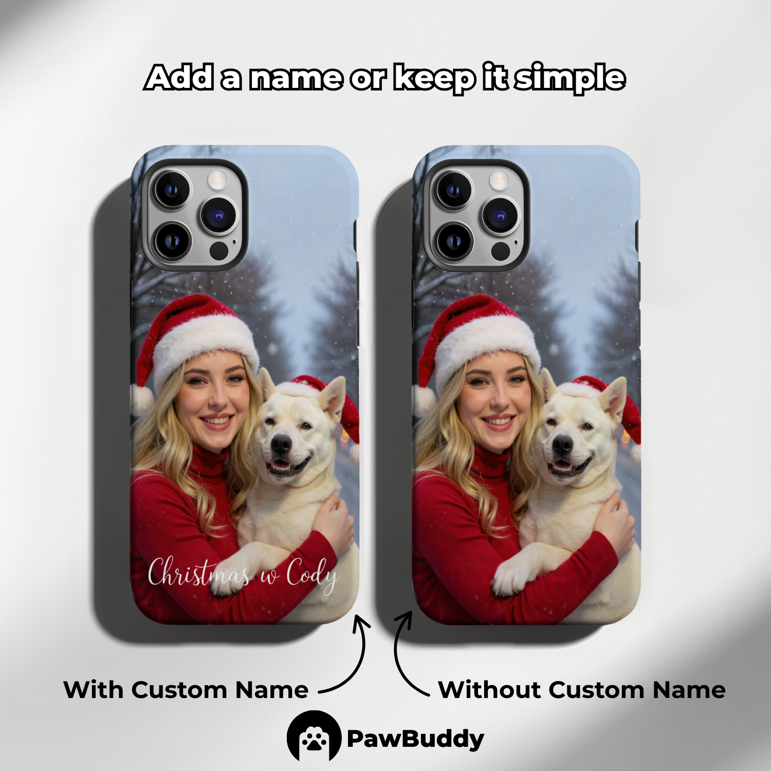 Custom Human & Pet Phone Case for iPhone 11–17, Personalized Christmas Snowy Forest Santa Hat Design, Dual-Layer Shockproof PC+TPU Protective Cover with Glossy Wraparound Printing, Unique Holiday Gift for Pet Lovers