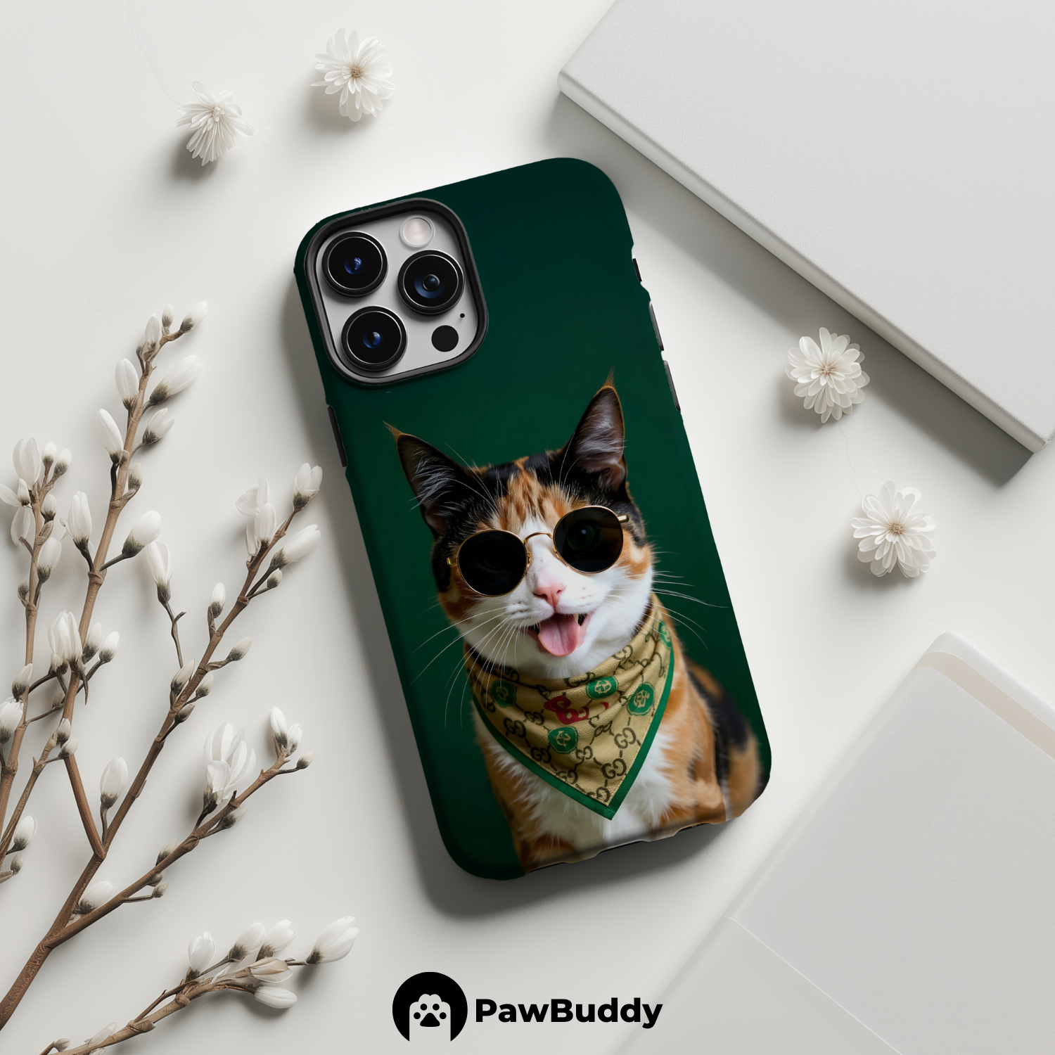 Custom Pet Phone Case for iPhone 11–17, Personalized Classic Green Bandana Studio Portrait Design, Dual-Layer Shockproof PC+TPU Protective Cover with Glossy Wraparound Printing, Unique Gift for Pet Lovers
