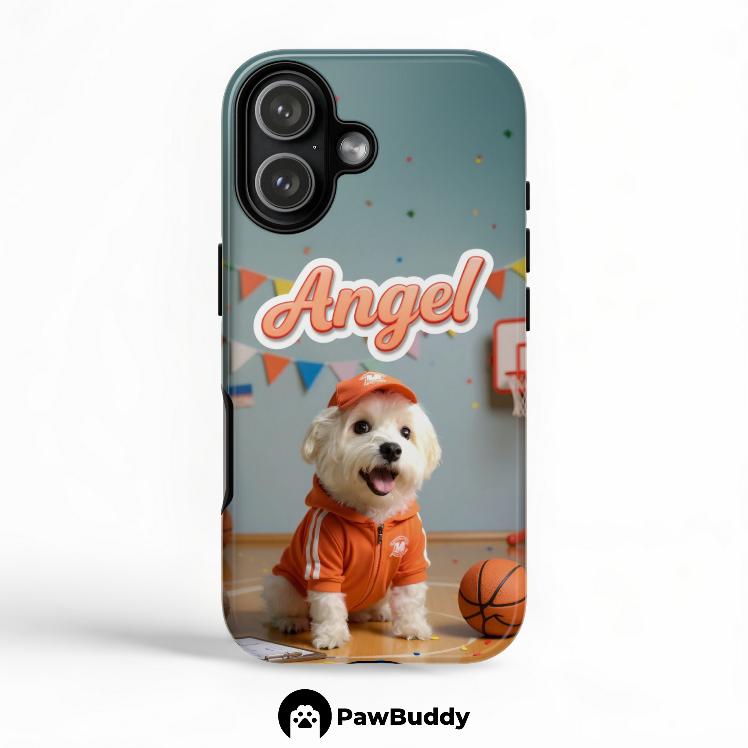 Custom Pet Phone Case for iPhone 11–17, Personalized Basketball Court Orange Outfit Design with Hoop and Banner Decor, Dual-Layer Shockproof PC+TPU Protective Cover with Glossy Wraparound Printing, Unique Gift for Pet Lovers