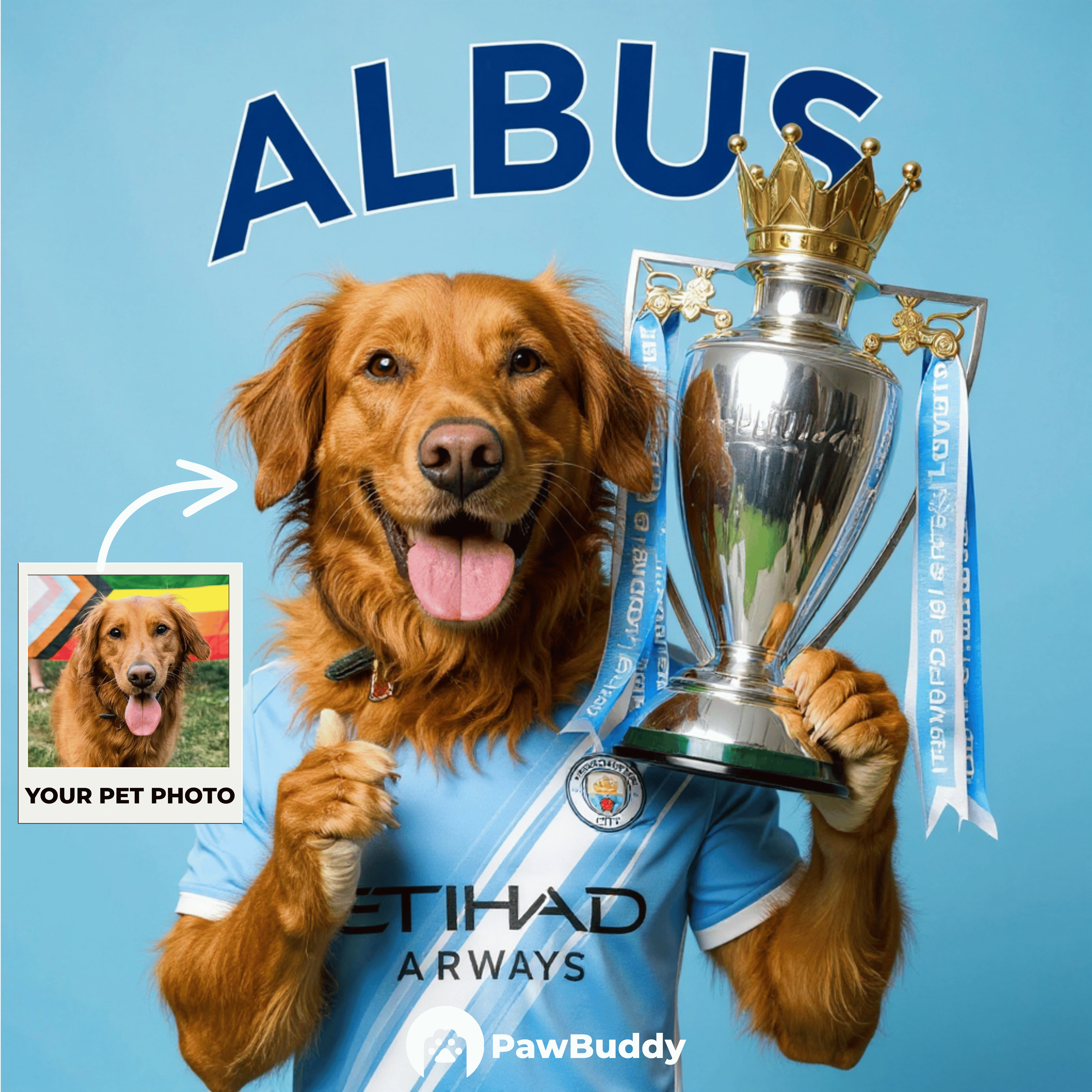 Custom Pet Portrait Sky Blue Champion Digital Artwork – Personalized High-Resolution Artwork for Pet Lovers, Perfect for Online Sharing or as a Premier Football-Inspired Keepsake