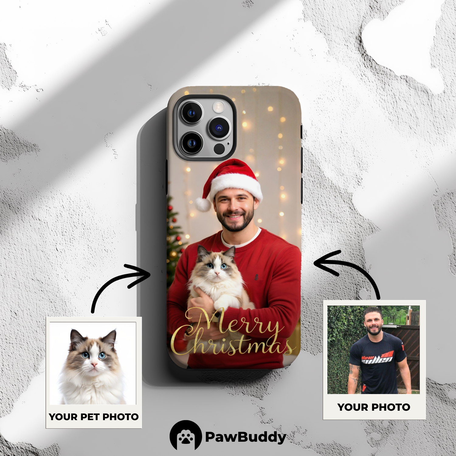 Custom Human & Pet Phone Case for iPhone 11–17, Personalized Merry Christmas Golden Glow Design, Dual-Layer Shockproof PC+TPU Protective Cover with Glossy Wraparound Printing, Unique Holiday Gift for Pet Lovers