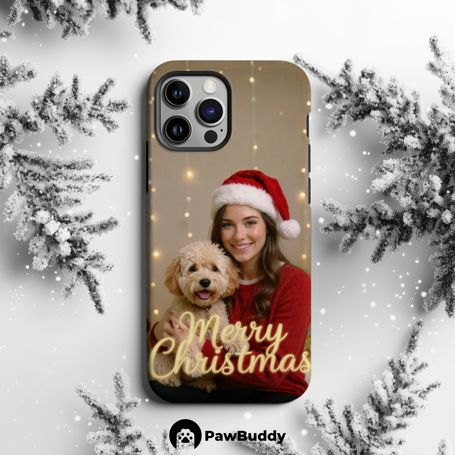 Custom Human & Pet Phone Case for iPhone 11–17, Personalized Merry Christmas Golden Glow Design, Dual-Layer Shockproof PC+TPU Protective Cover with Glossy Wraparound Printing, Unique Holiday Gift for Pet Lovers