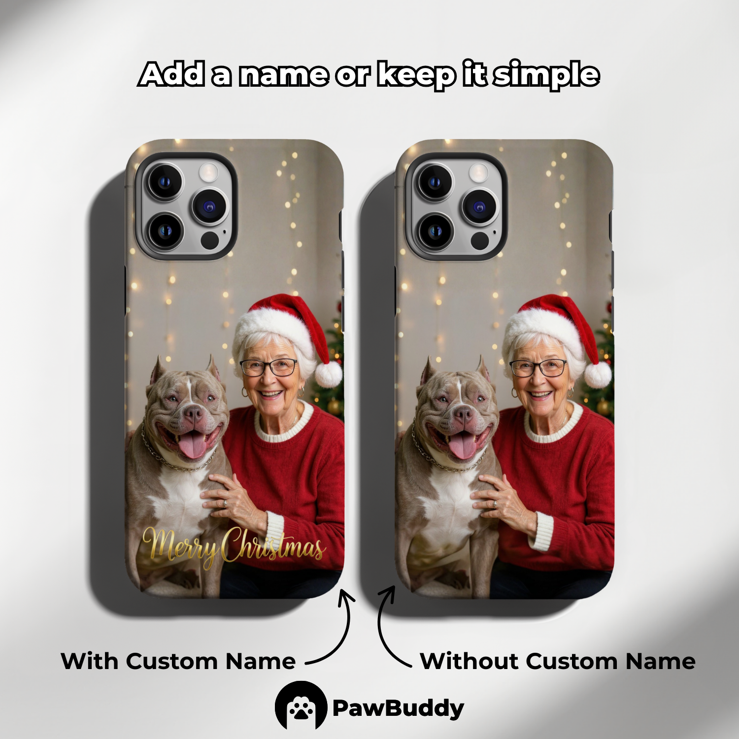 Custom Human & Pet Phone Case for iPhone 11–17, Personalized Merry Christmas Golden Glow Design, Dual-Layer Shockproof PC+TPU Protective Cover with Glossy Wraparound Printing, Unique Holiday Gift for Pet Lovers