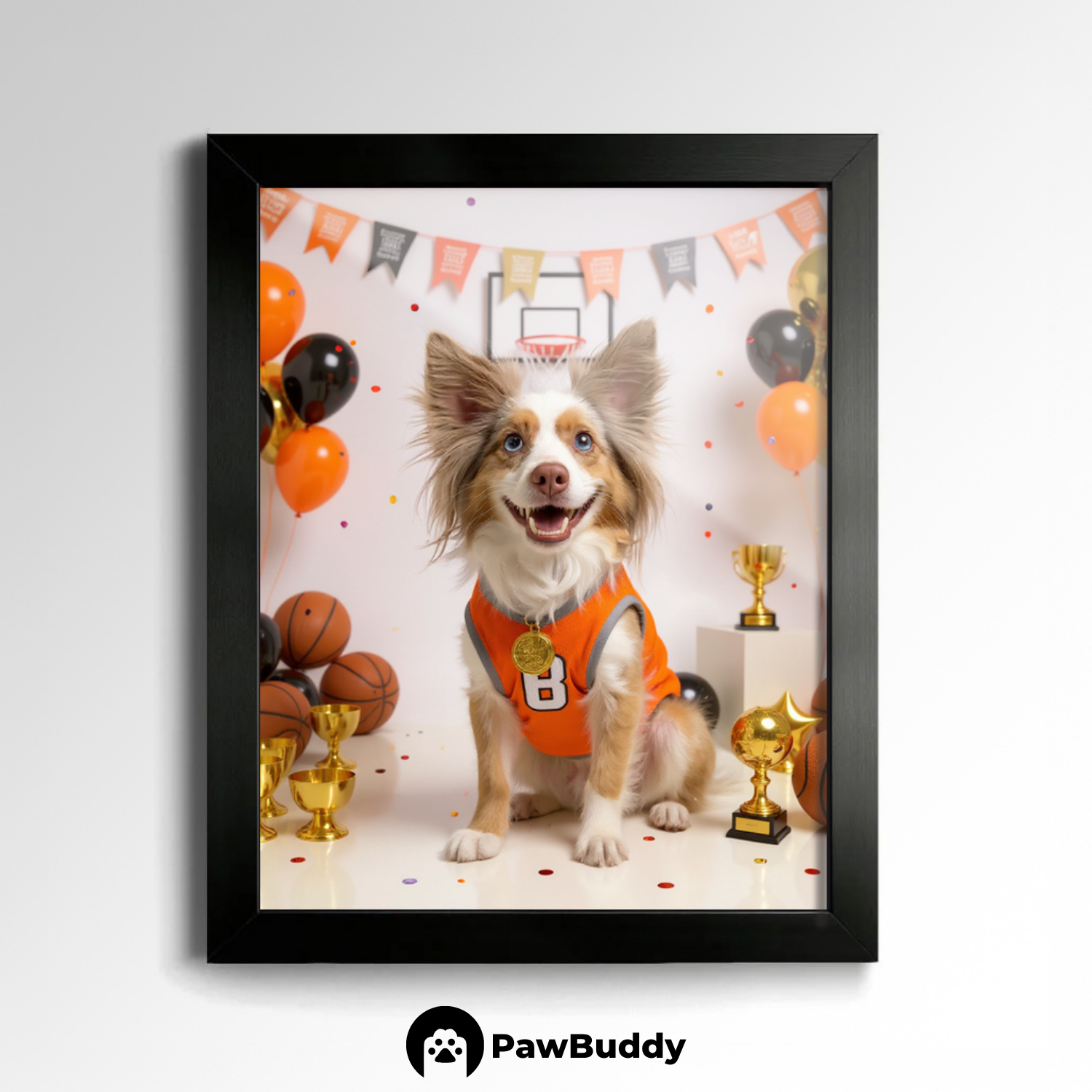 Custom Pet Poster Basketball Champion Portrait – Personalized High-Resolution Matte Print for Wall Art, Home Decor, or Unique Gifts for Pet Lovers (Frame Not Included)