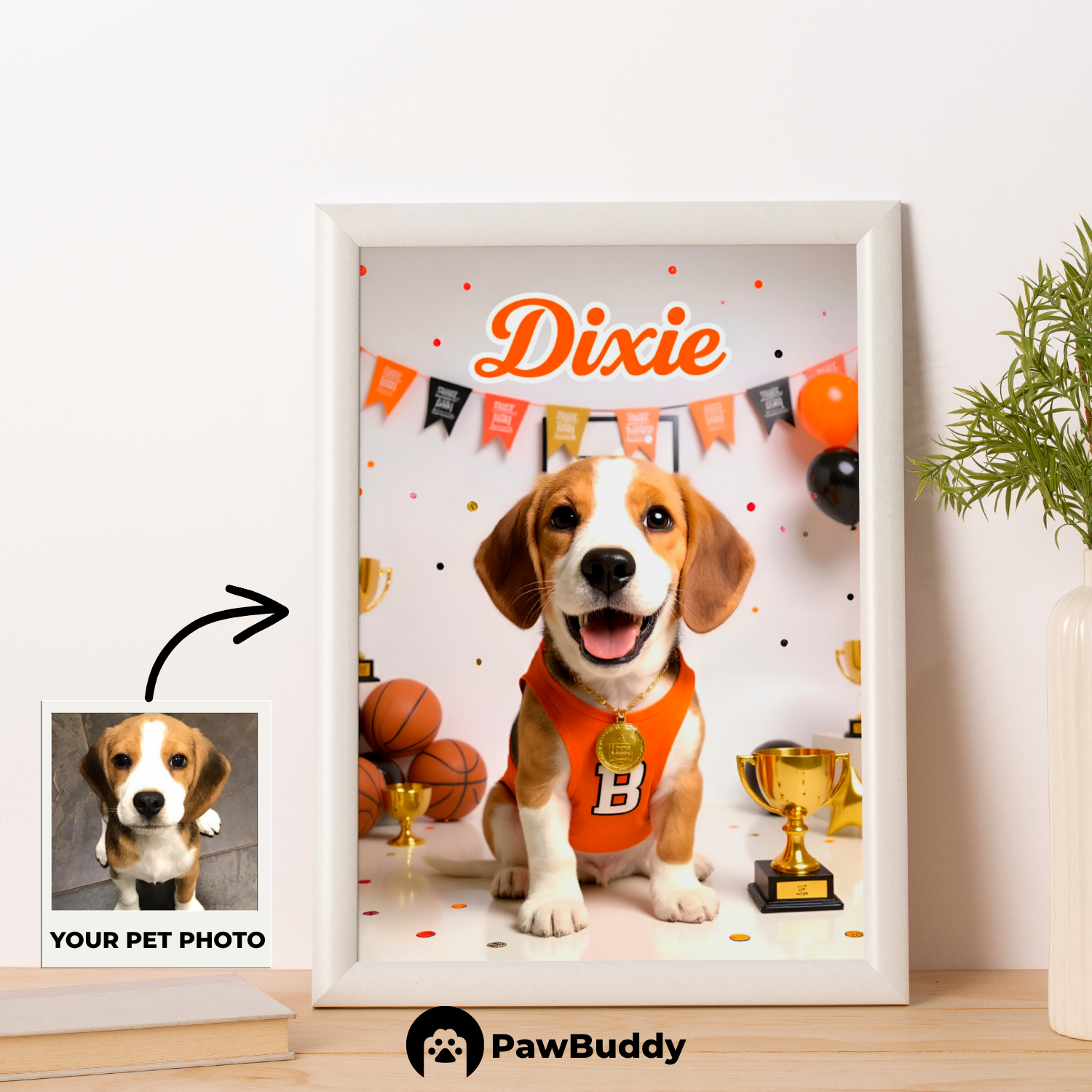 Custom Pet Poster Basketball Champion Portrait – Personalized High-Resolution Matte Print for Wall Art, Home Decor, or Unique Gifts for Pet Lovers (Frame Not Included)