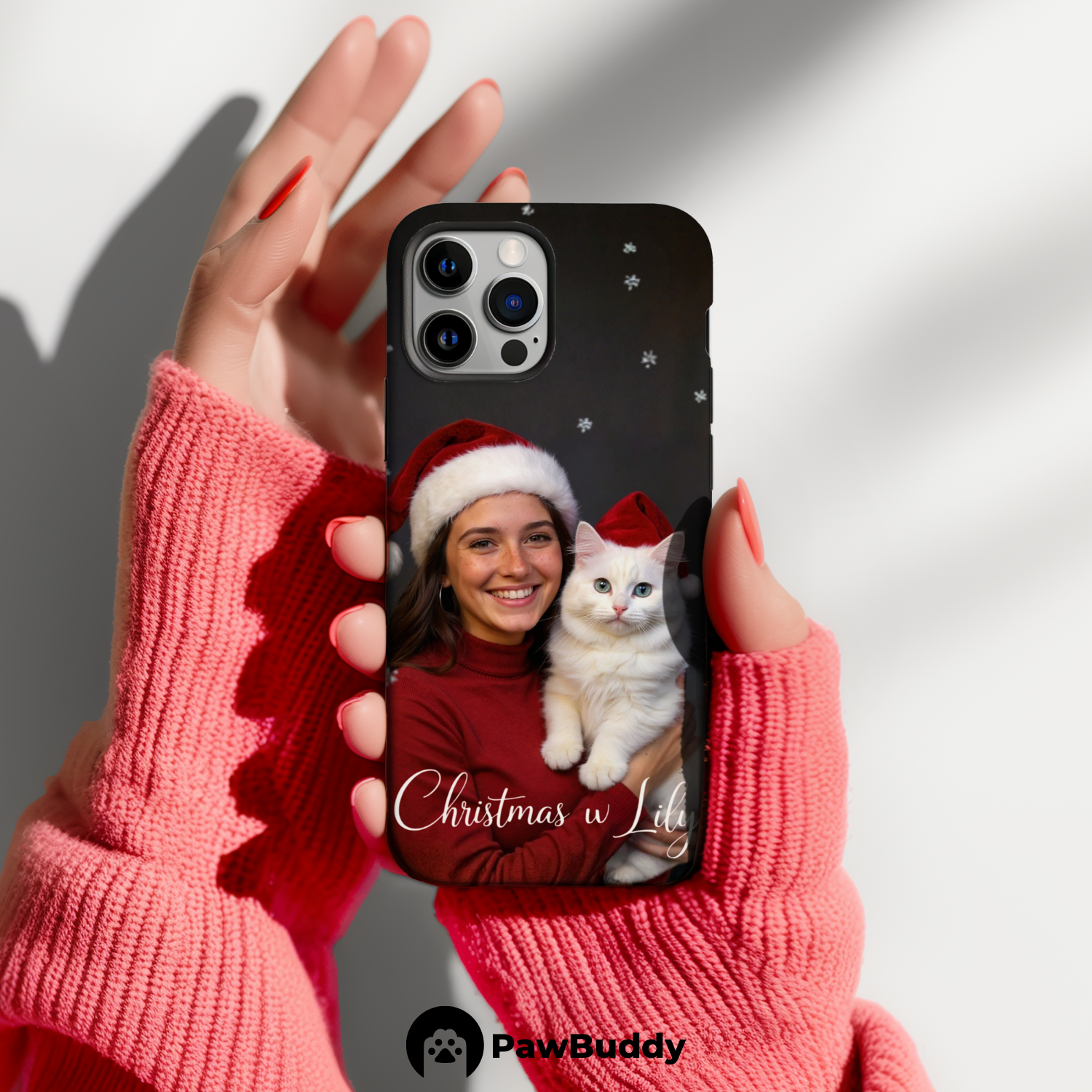 Custom Human & Pet Phone Case for iPhone 11–17, Personalized Christmas Festive Red Design, Dual-Layer Shockproof PC+TPU Protective Cover with Glossy Wraparound Printing, Unique Holiday Gift for Pet Lovers