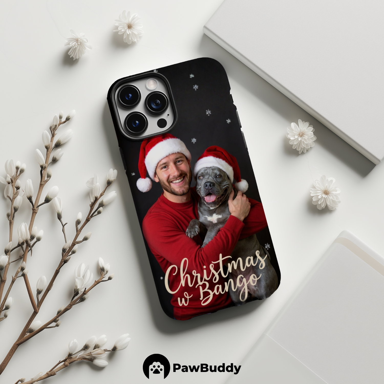 Custom Human & Pet Phone Case for iPhone 11–17, Personalized Christmas Festive Red Design, Dual-Layer Shockproof PC+TPU Protective Cover with Glossy Wraparound Printing, Unique Holiday Gift for Pet Lovers