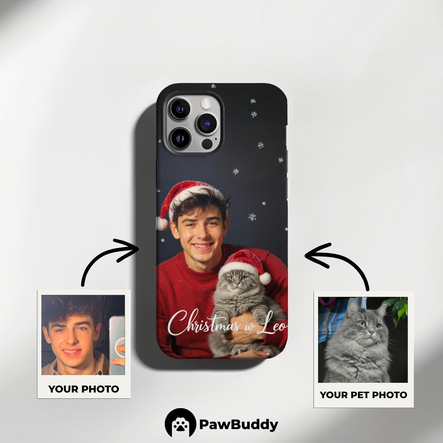 Custom Human & Pet Phone Case for iPhone 11–17, Personalized Christmas Festive Red Design, Dual-Layer Shockproof PC+TPU Protective Cover with Glossy Wraparound Printing, Unique Holiday Gift for Pet Lovers