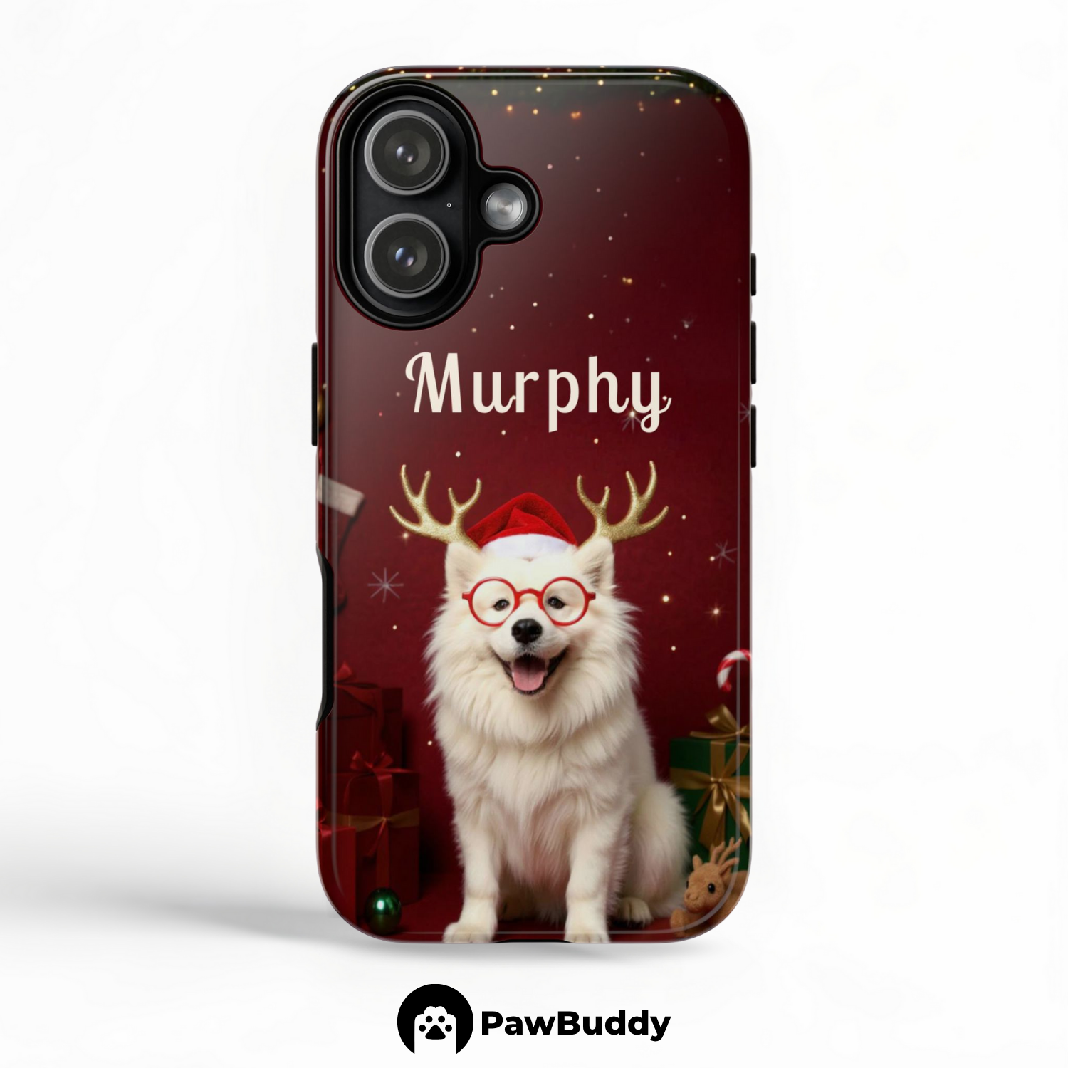 Custom Pet Phone Case for iPhone 11–17, Personalized Christmas Reindeer Red Gift Room Design with Santa Hat and Holiday Decor, Dual-Layer Shockproof PC+TPU Protective Cover with Glossy Wraparound Printing, Unique Gift for Pet Lovers